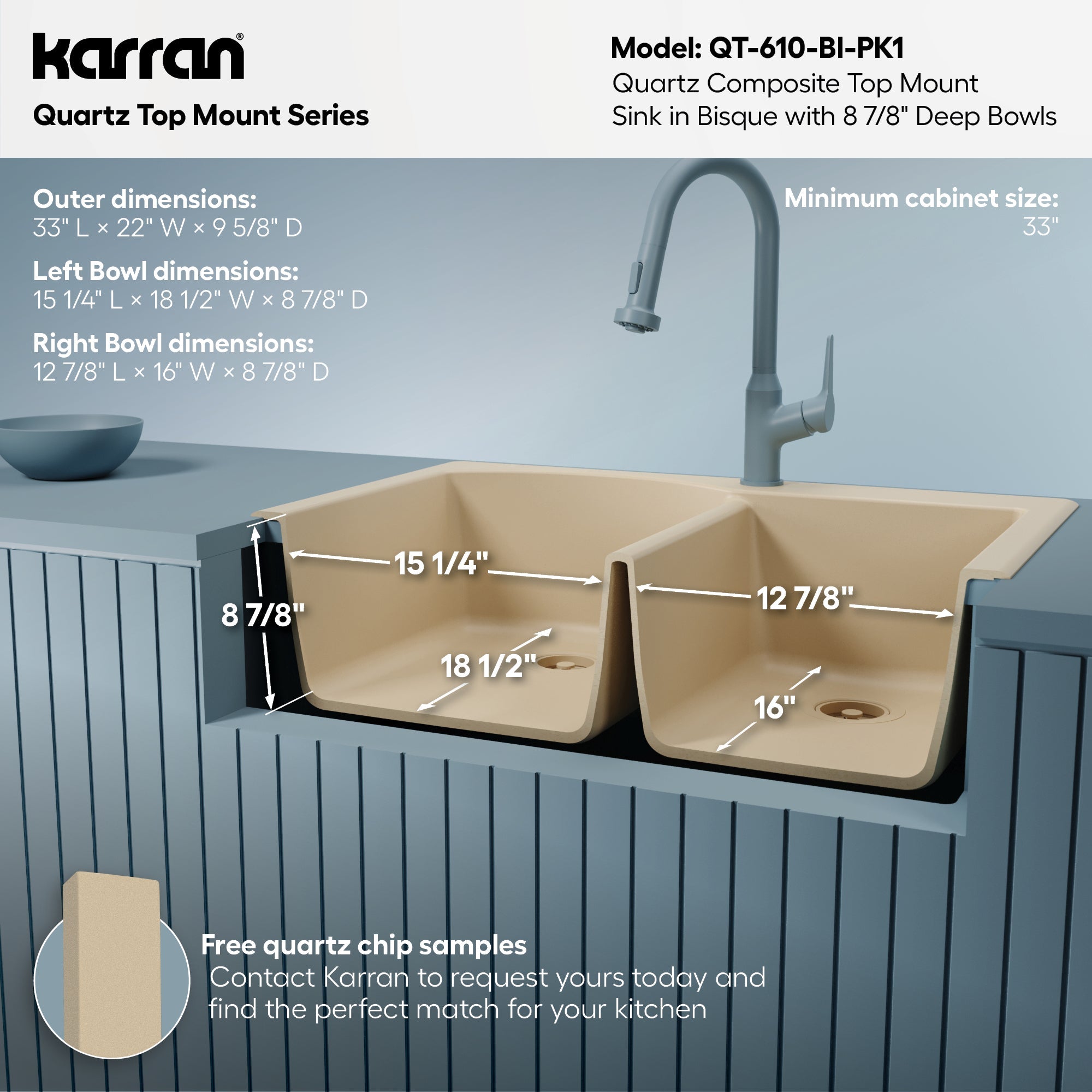 33" Top Mount Double Offset Bowl Quartz Composite Kitchen Sink Kit In Bisque
