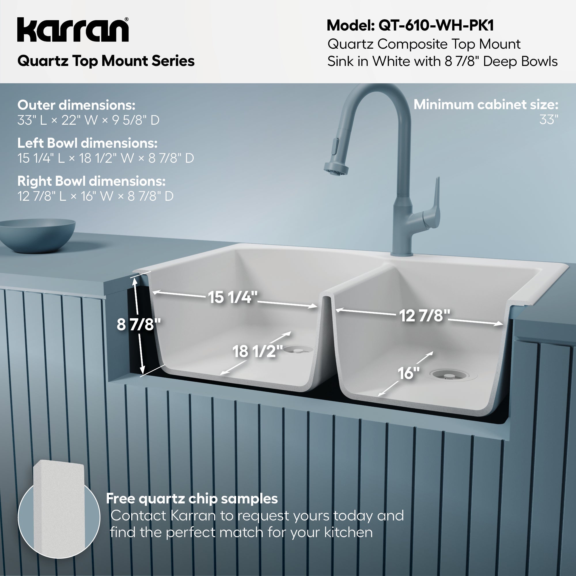 33" Top Mount Double Offset Bowl Quartz Composite Kitchen Sink Kit In White