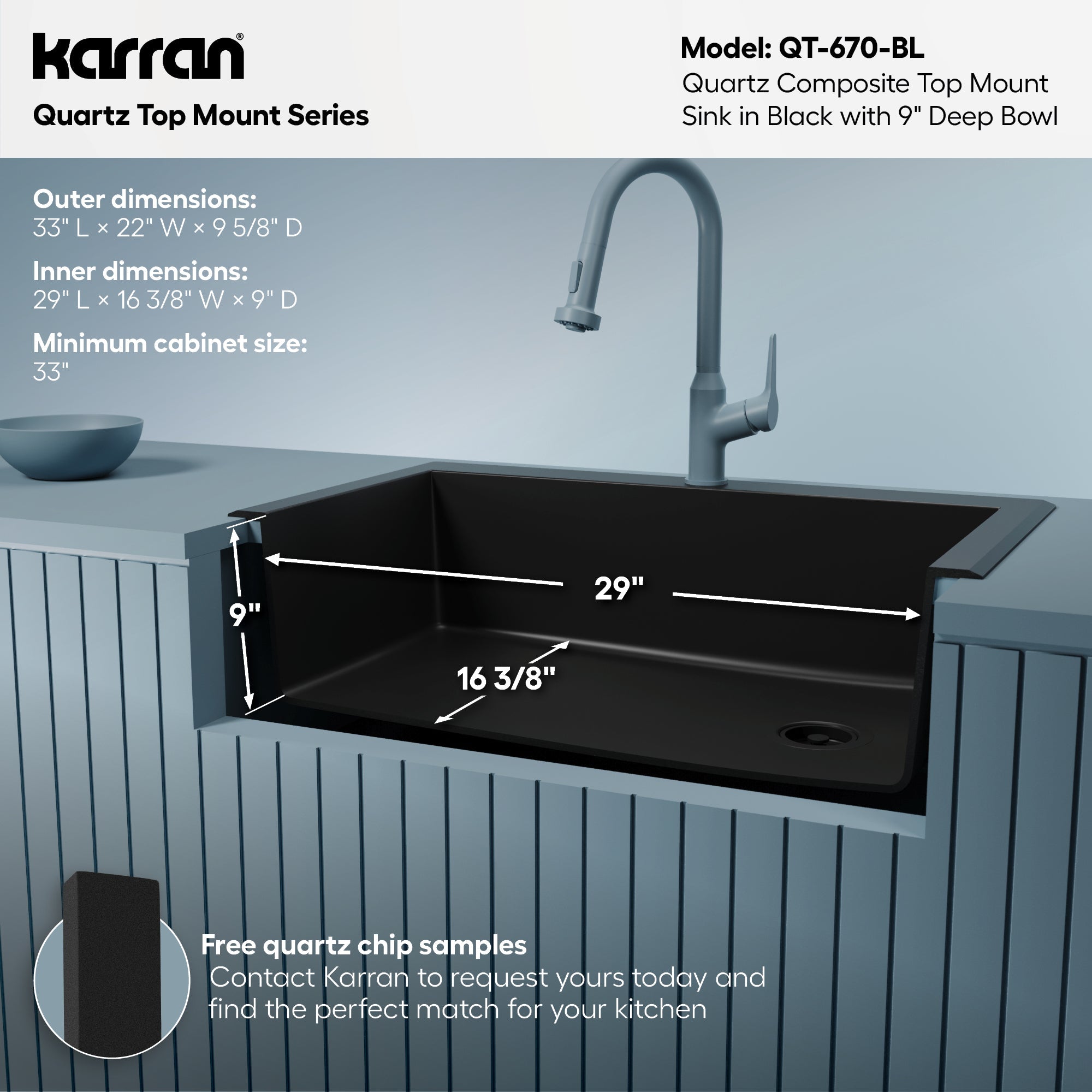33" Top Mount Large Single Bowl Quartz Composite Kitchen Sink In Black