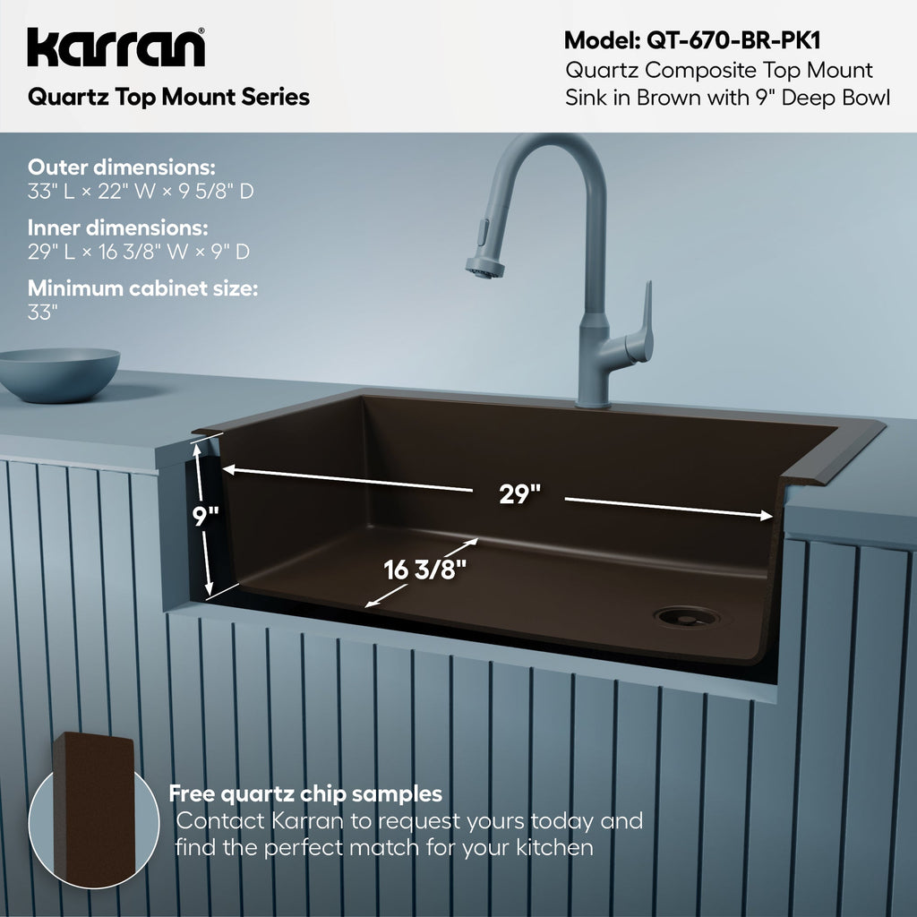 33" Top Mount Large Single Bowl Quartz Composite Kitchen Sink Kit In Brown