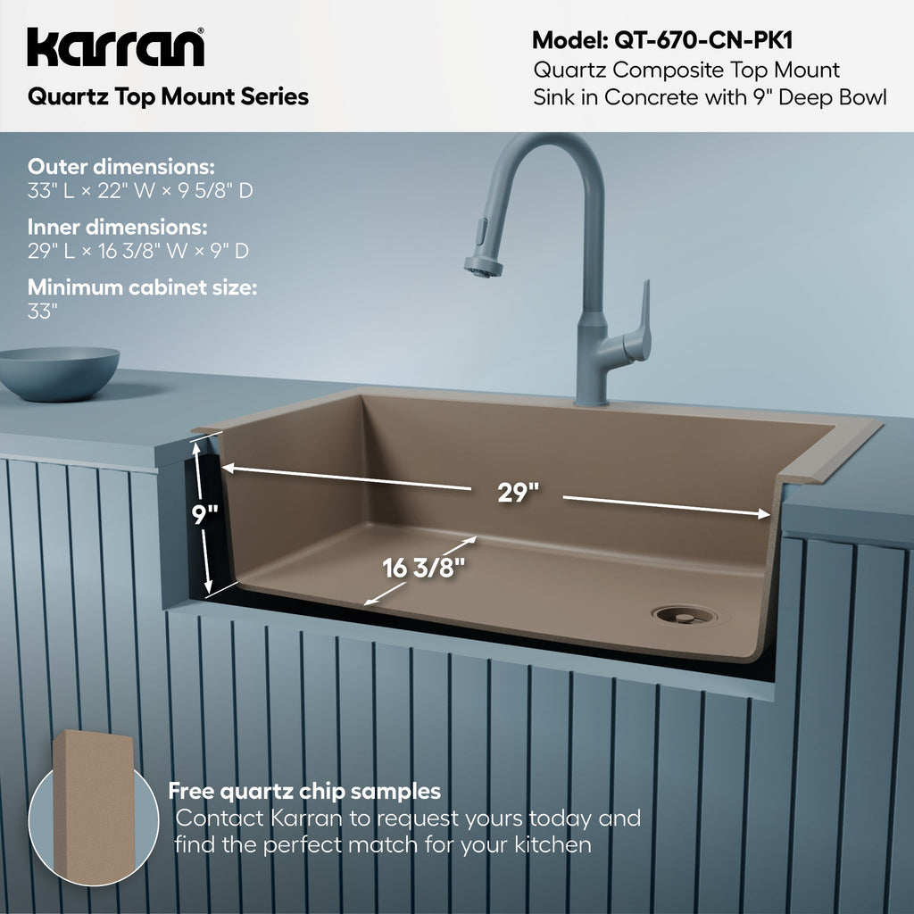 33" Top Mount Large Single Bowl Quartz Composite Kitchen Sink Kit In Concrete