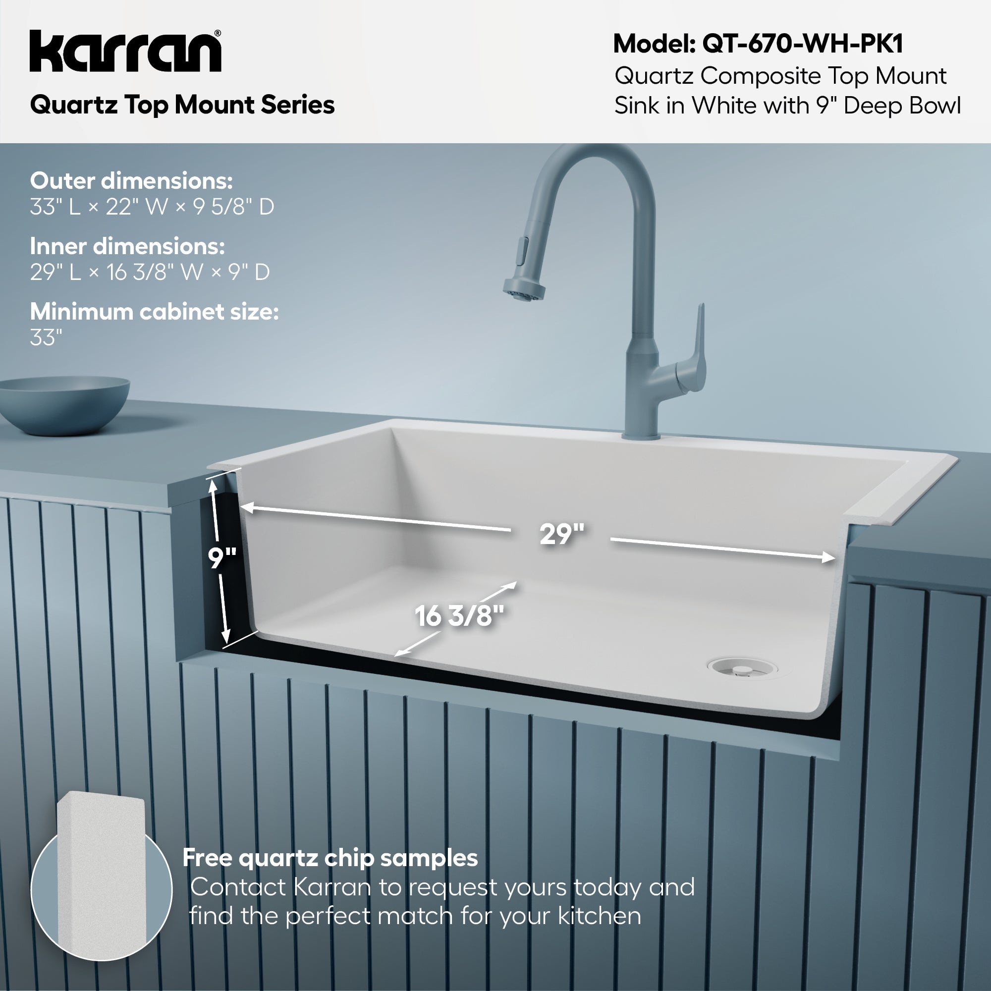 33" Top Mount Large Single Bowl Quartz Composite Kitchen Sink Kit In White