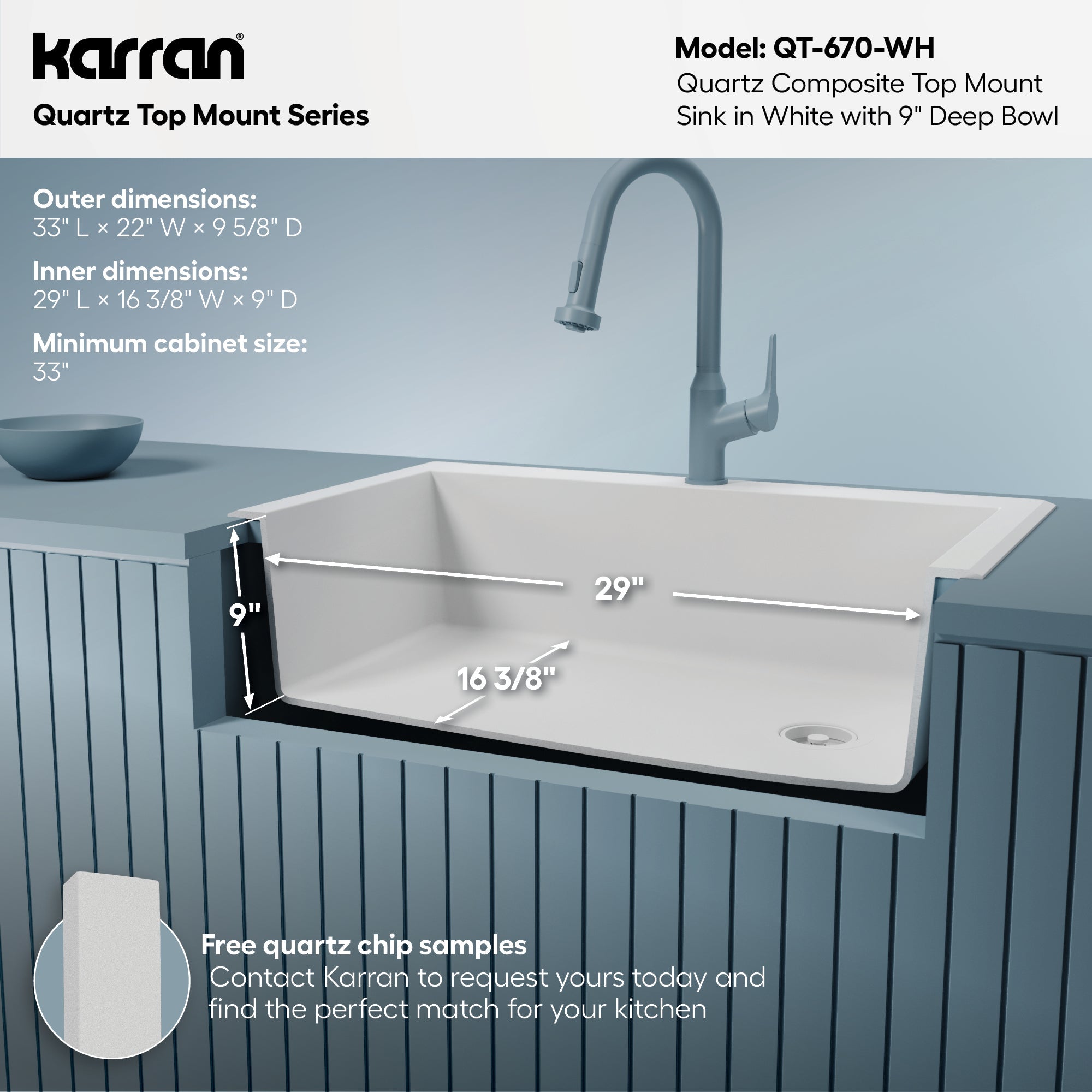 33" Top Mount Large Single Bowl Quartz Composite Kitchen Sink In White