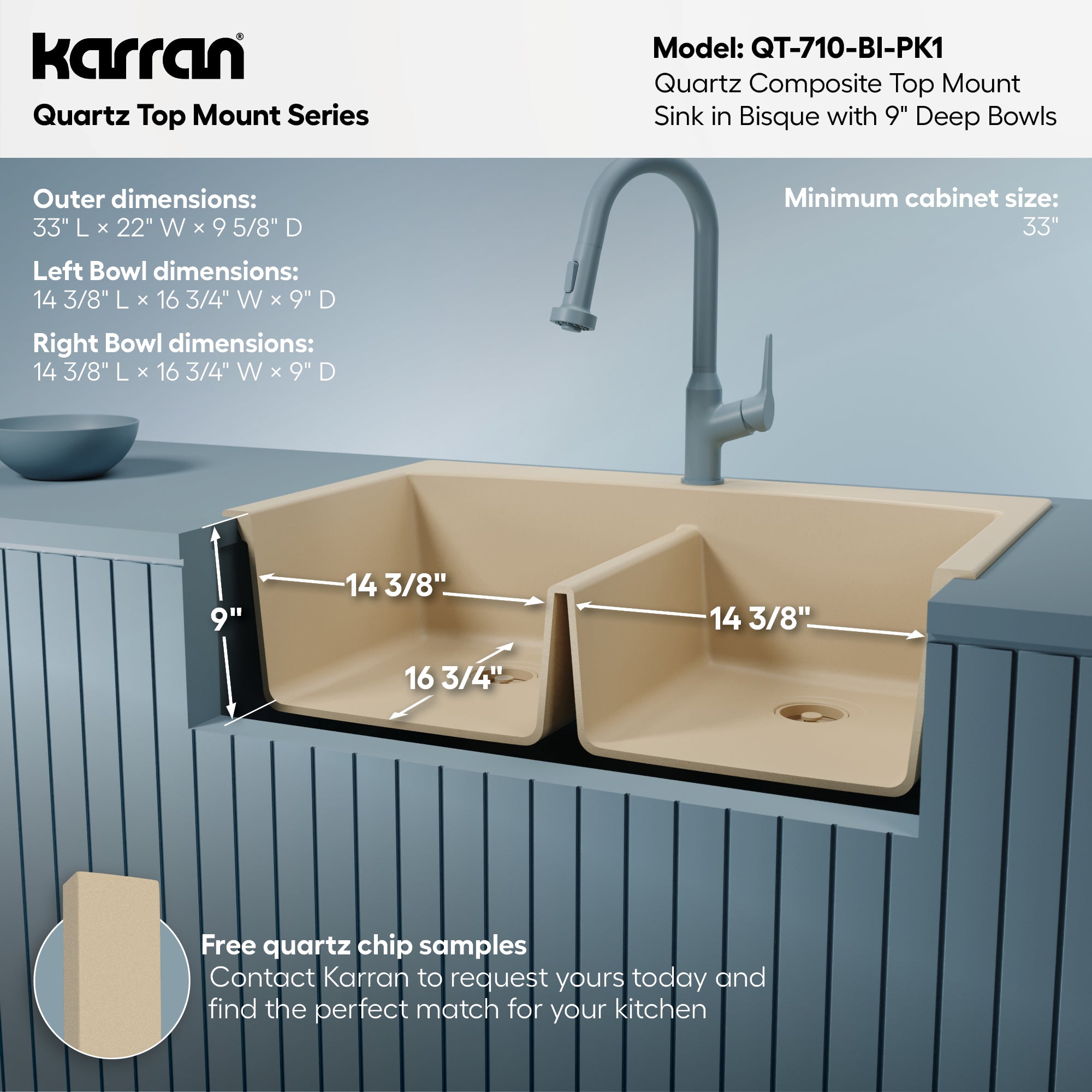33" Top Mount Double Equal Bowl Quartz Composite Kitchen Sink Kit In Bisque