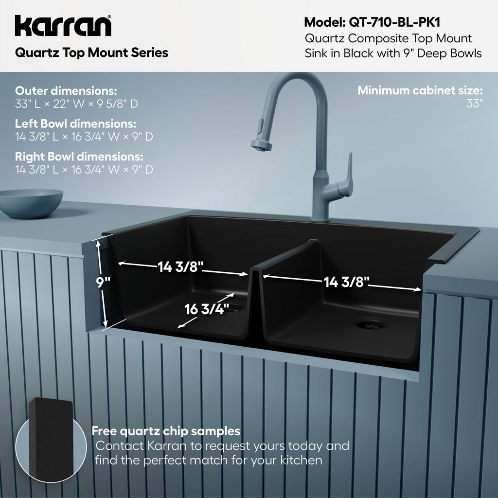 33" Top Mount Double Equal Bowl Quartz Composite Kitchen Sink Kit In Black