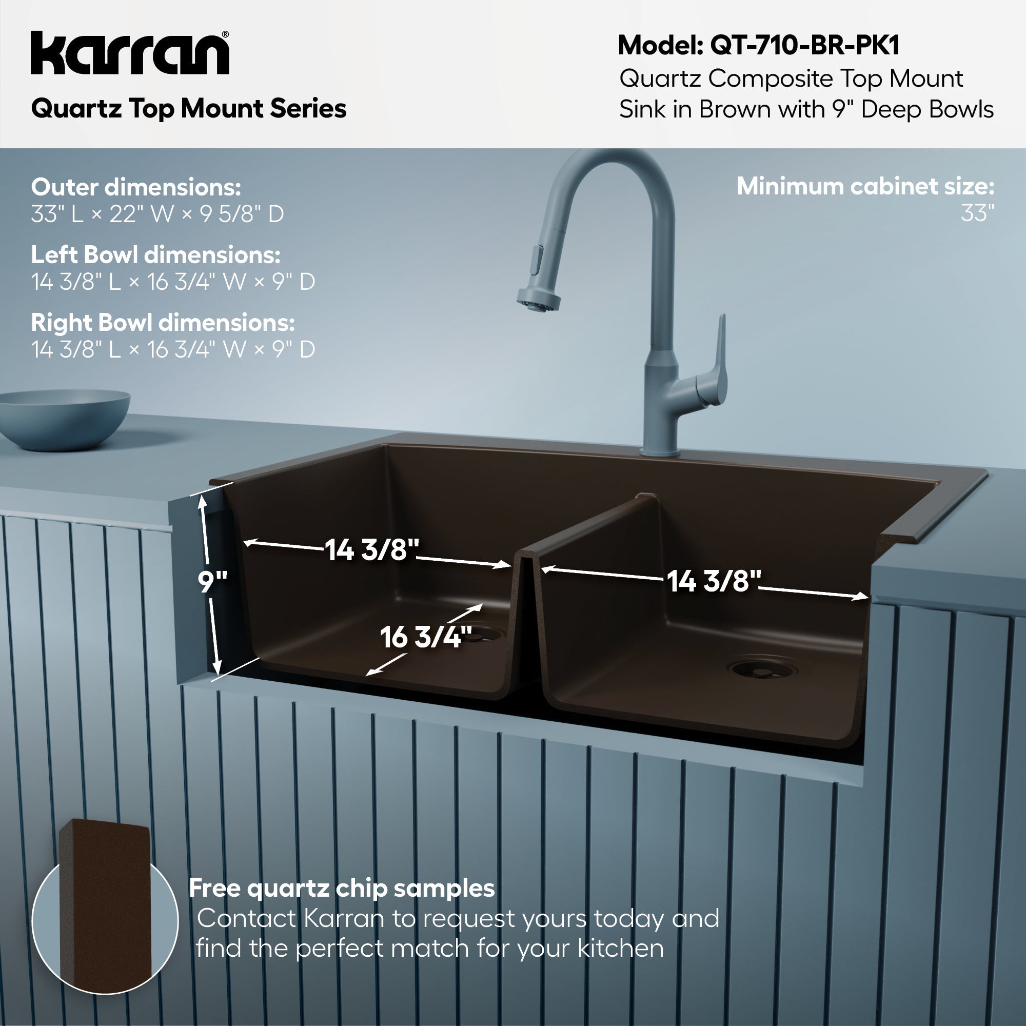 33" Top Mount Double Equal Bowl Quartz Composite Kitchen Sink Kit In Brown