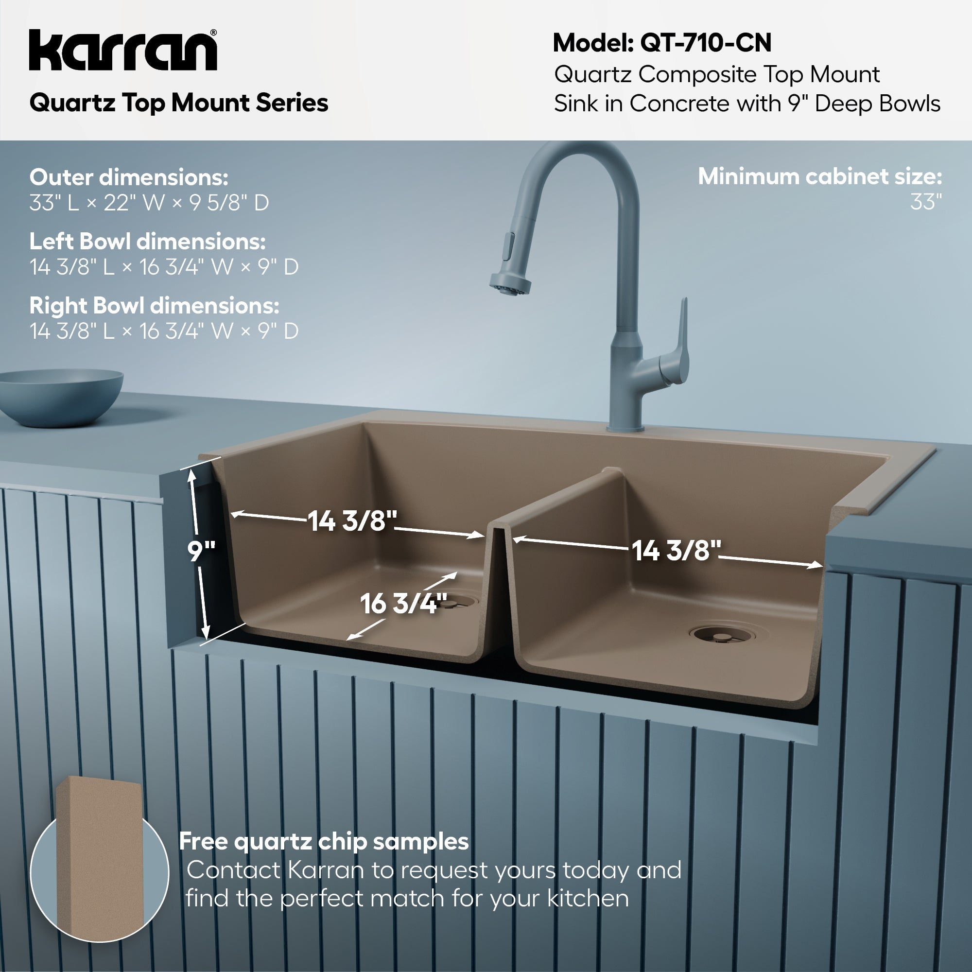 33" Top Mount Double Equal Bowl Quartz Composite Kitchen Sink In Concrete
