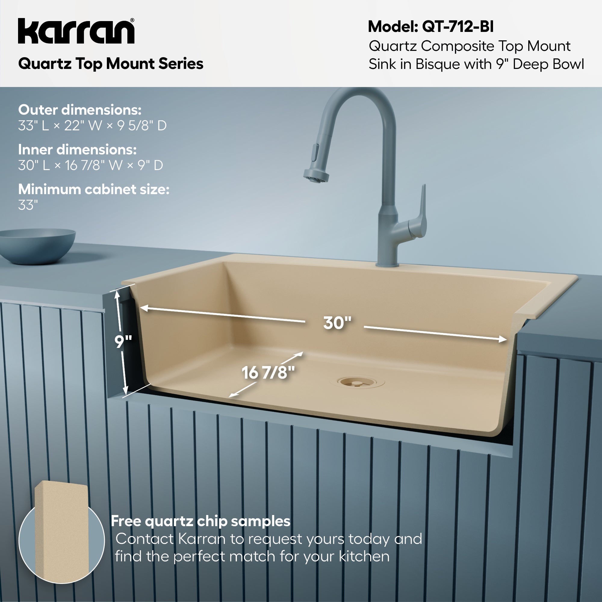 33" Top Mount Large Single Bowl Quartz Composite Kitchen Sink In Bisque