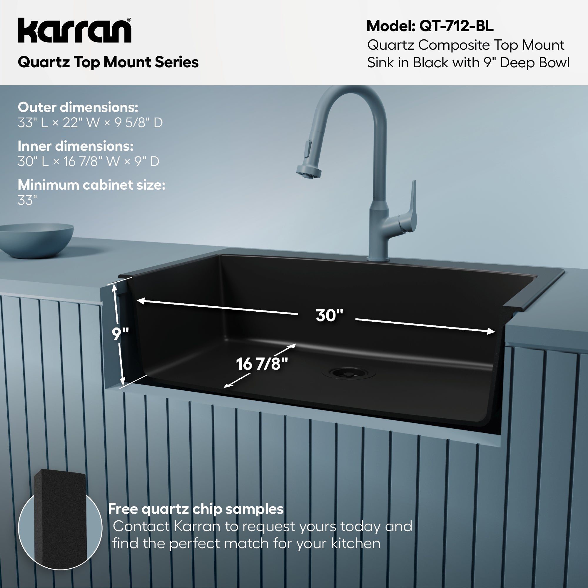 33" Top Mount Large Single Bowl Quartz Composite Kitchen Sink In Black