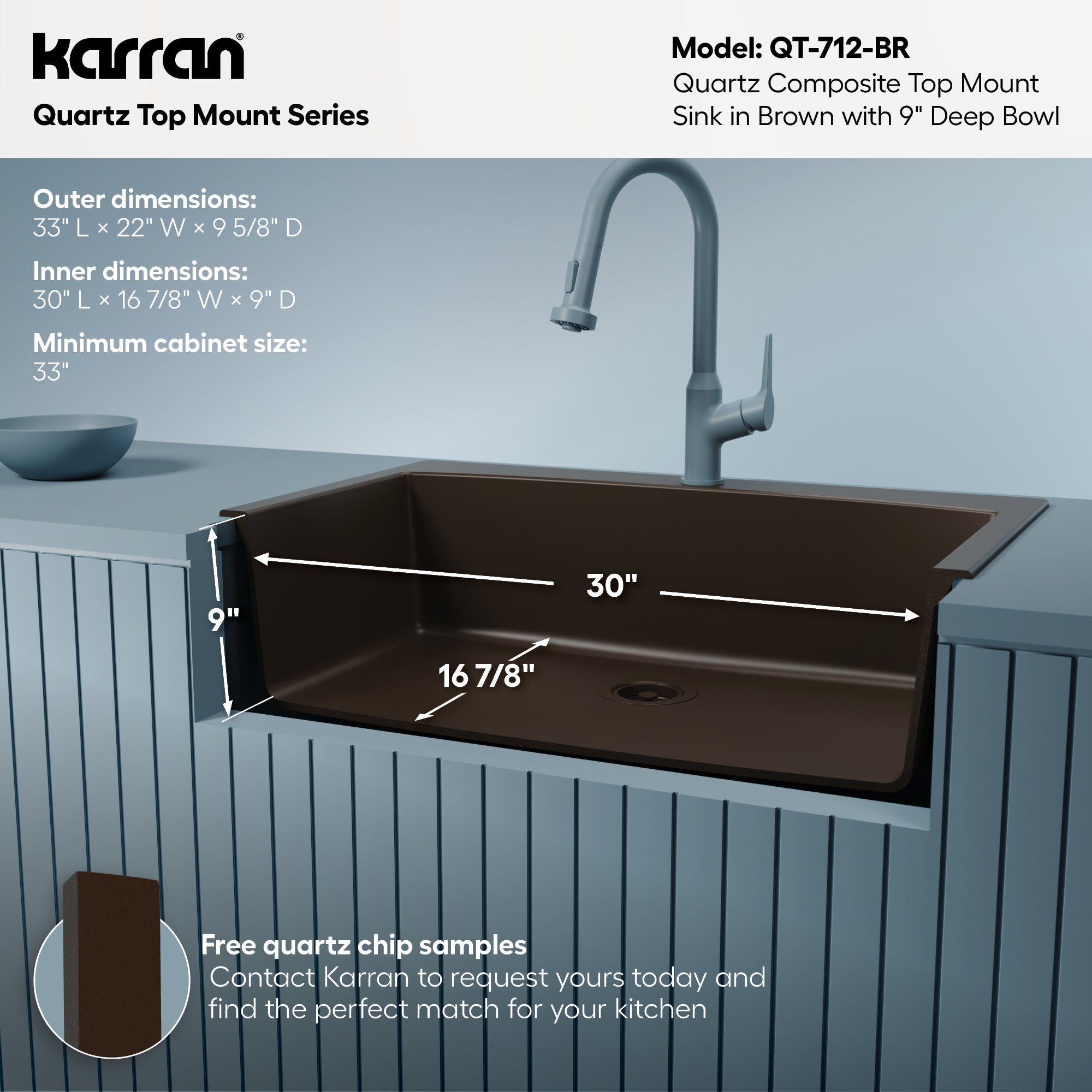33" Top Mount Large Single Bowl Quartz Composite Kitchen Sink In Brown