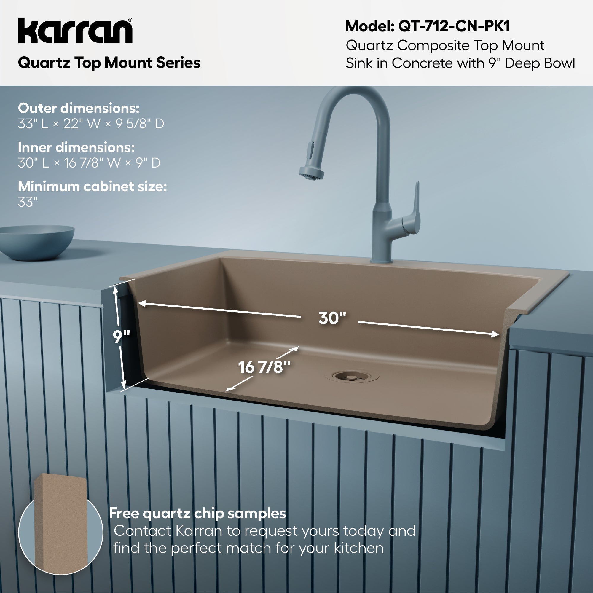 33" Top Mount Large Single Bowl Quartz Composite Kitchen Sink Kit Concrete
