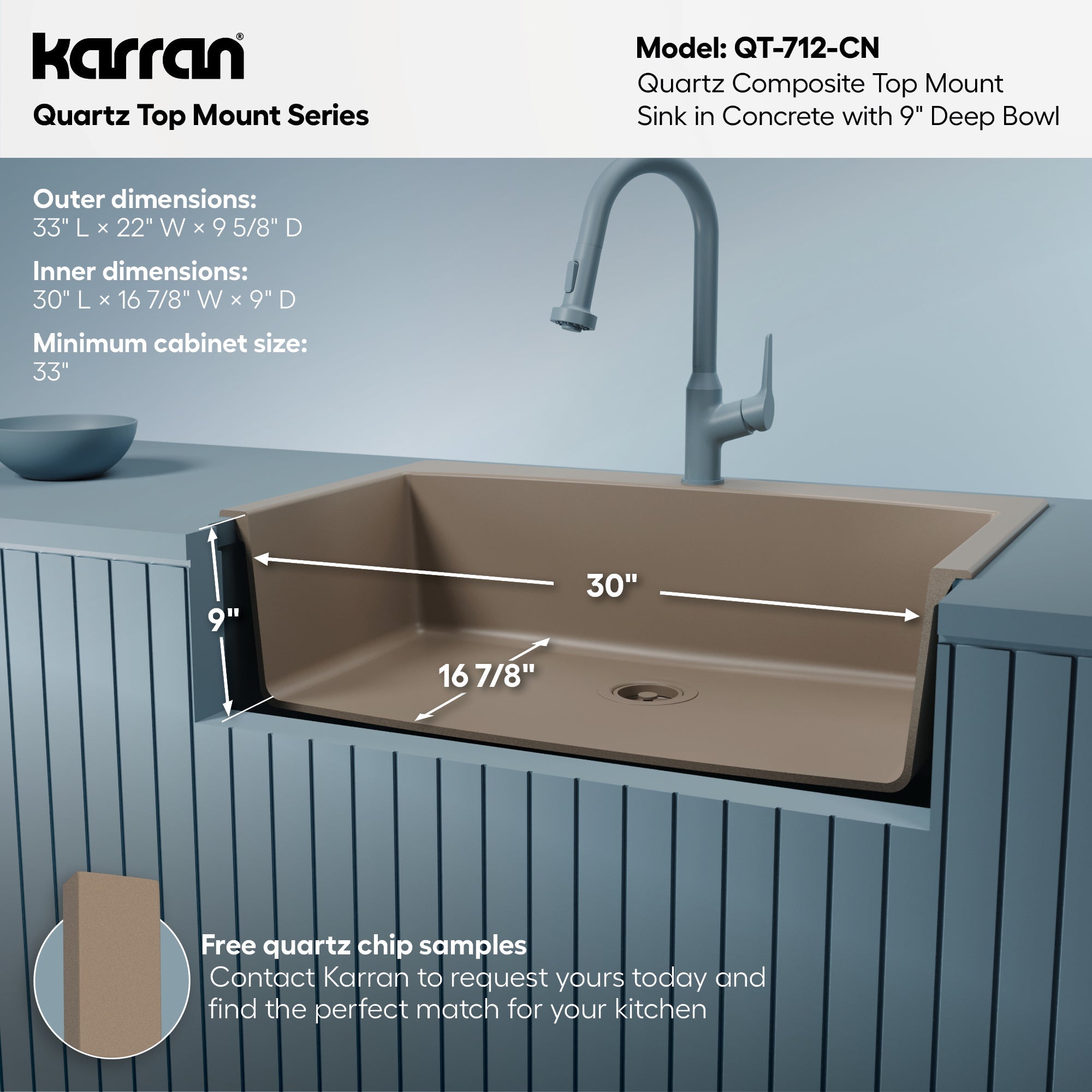 33" Top Mount Large Single Bowl Quartz Composite Kitchen Sink In Concrete