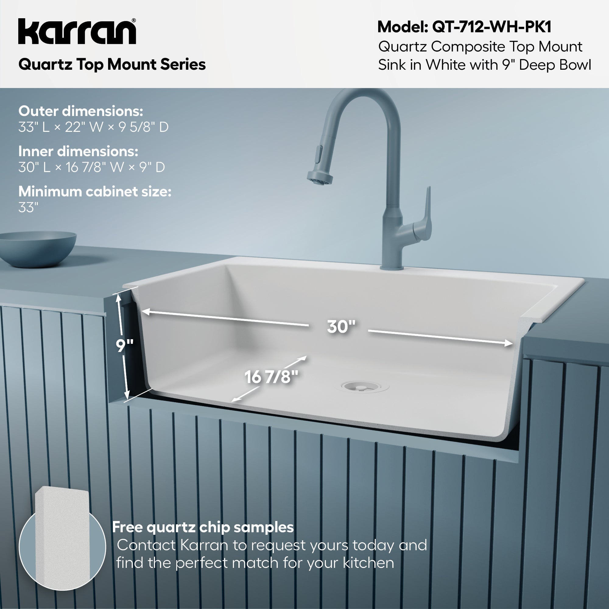 33" Top Mount Large Single Bowl Quartz Composite Kitchen Sink Kit White