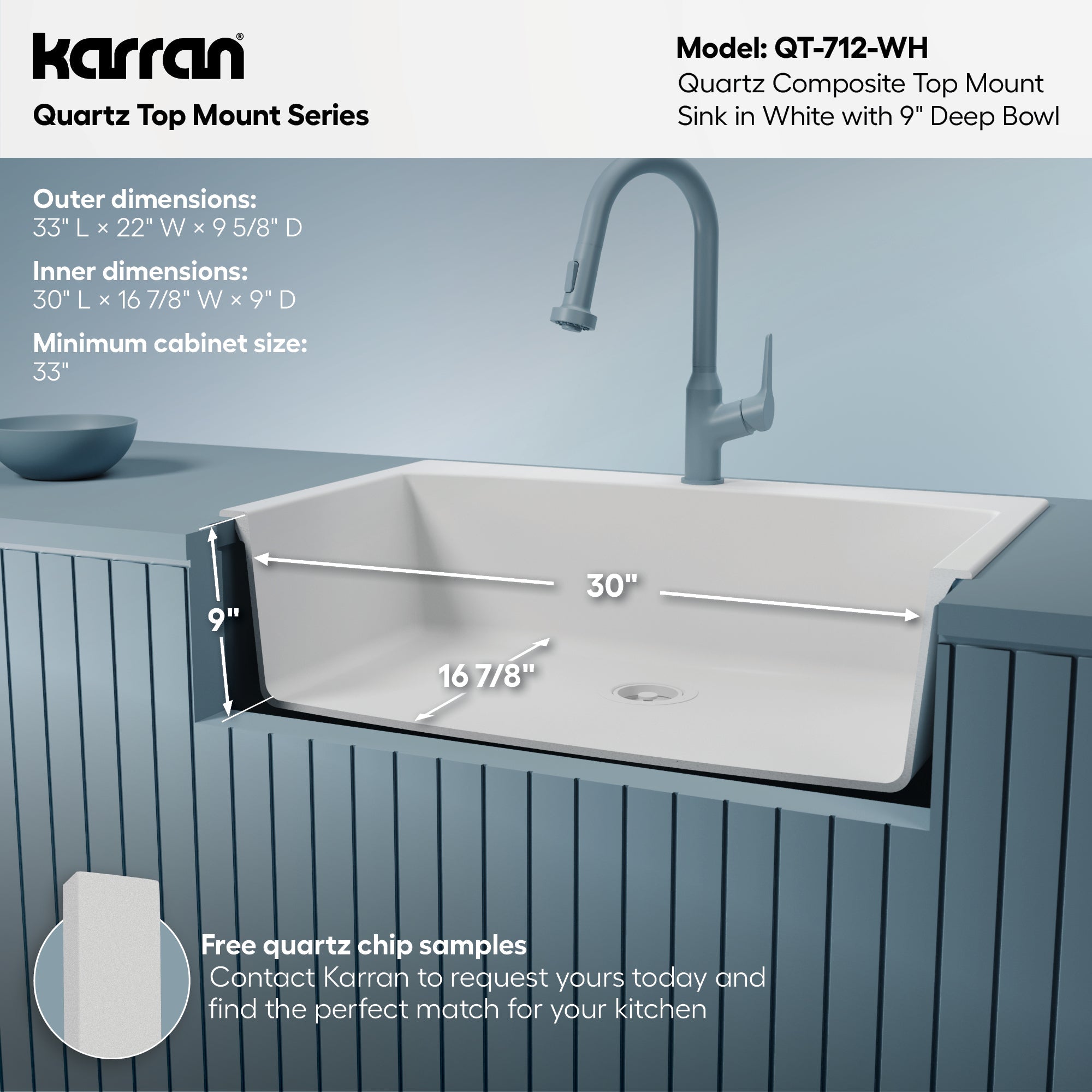 33" Top Mount Large Single Bowl Quartz Composite Kitchen Sink In White