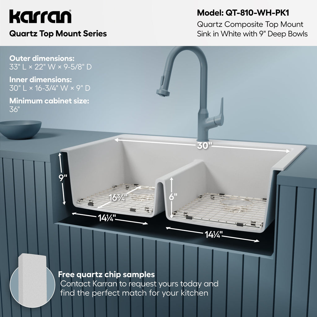33" Top Mount Double Equal Bowl Quartz Composite Kitchen Sink Kit In White