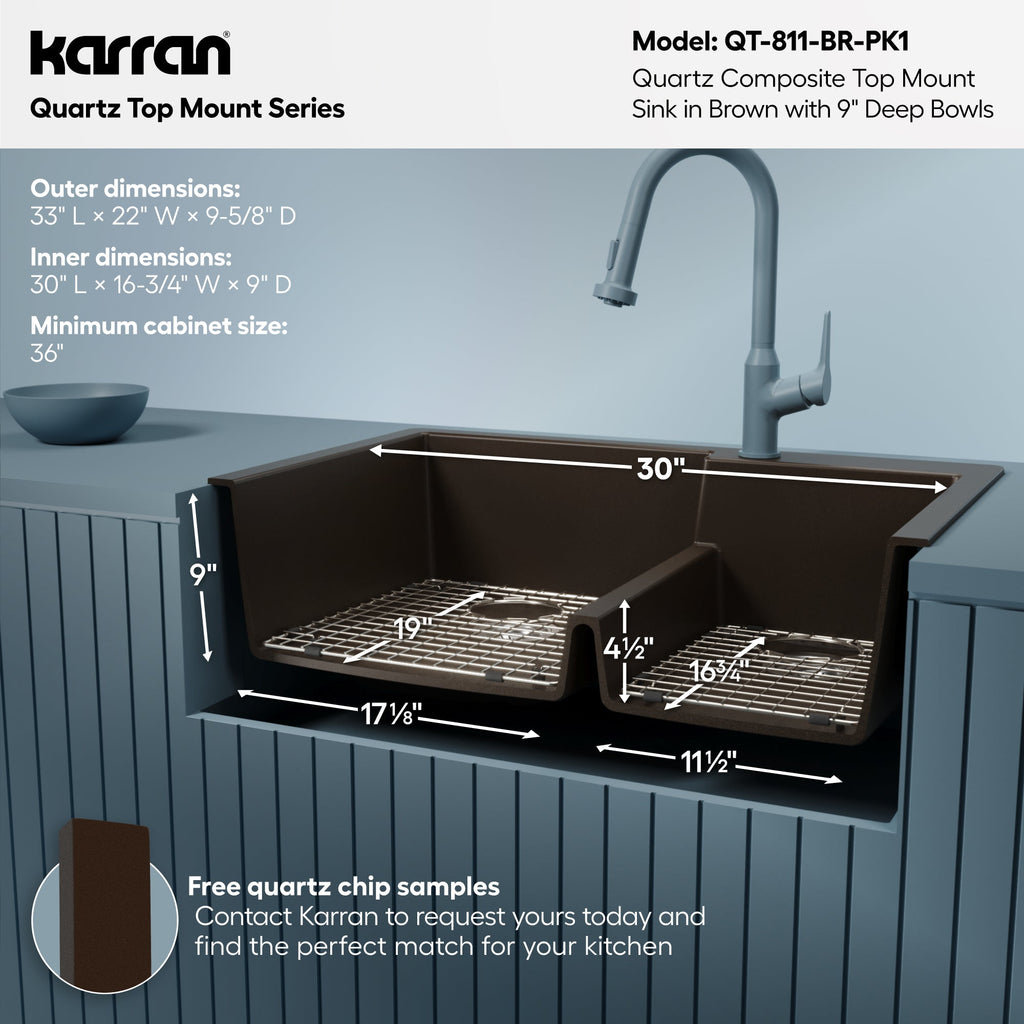 33" Top Mount Double Offset Bowl Quartz Composite Kitchen Sink Kit In Brown
