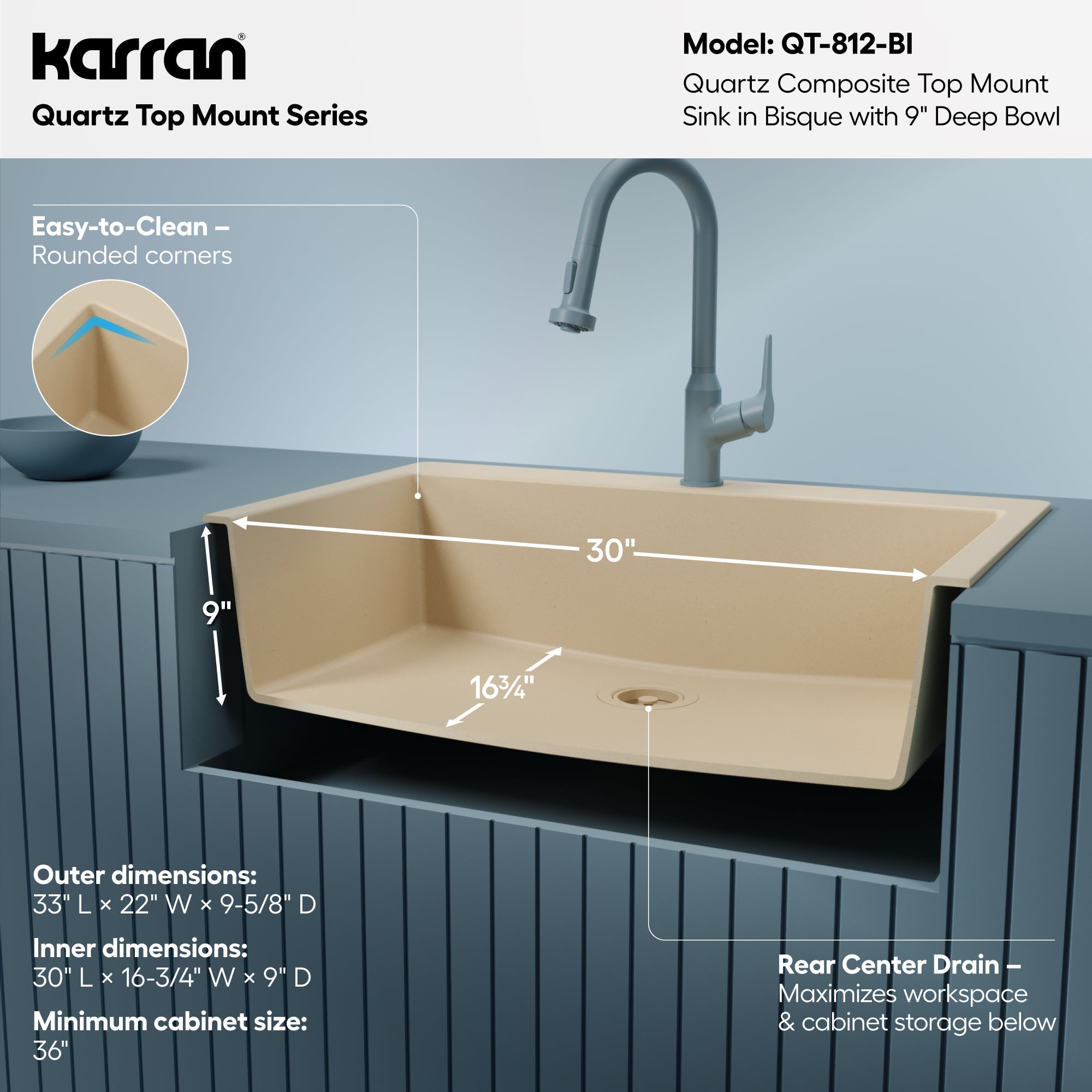 33" Top Mount Large Single Bowl Quartz Composite Kitchen Sink In Bisque