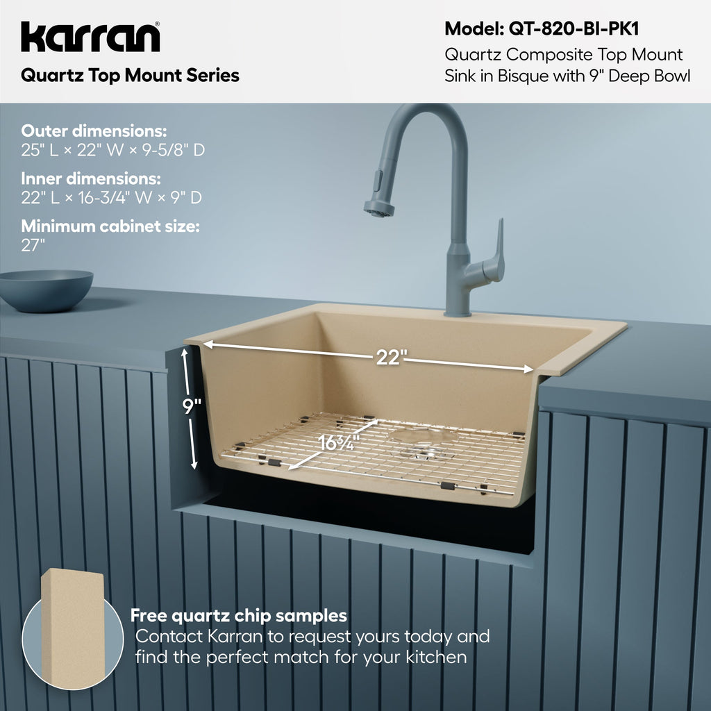25" Top Mount Single Bowl Quartz Composite Kitchen Sink Kit In Bisque