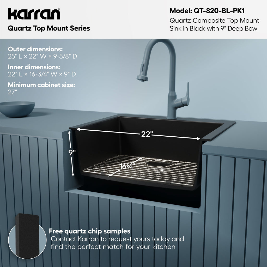 25" Top Mount Single Bowl Quartz Composite Kitchen Sink Kit In Black