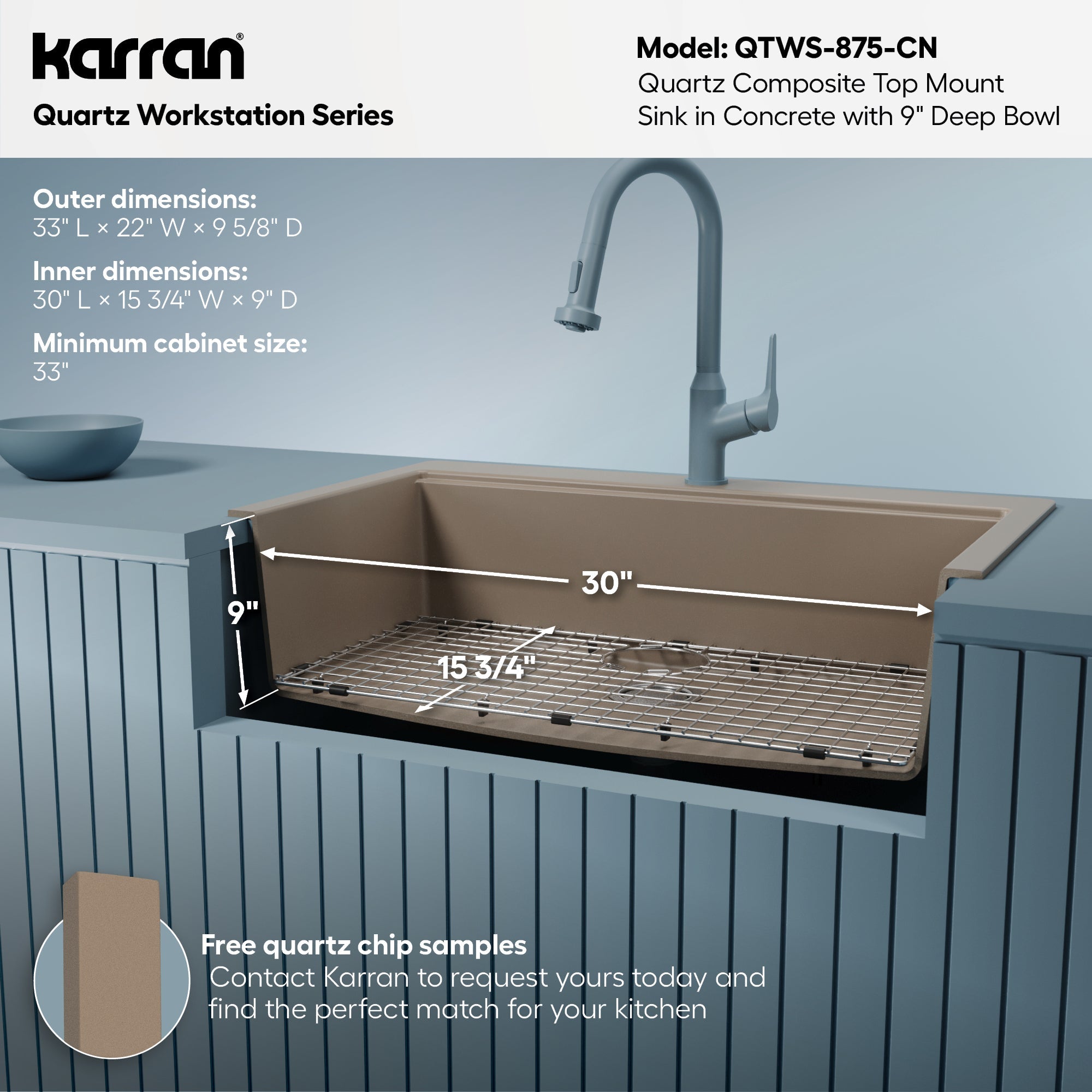 33" Top Mount Large Single Bowl Quartz Composite Workstation Kitchen Sink In Concrete