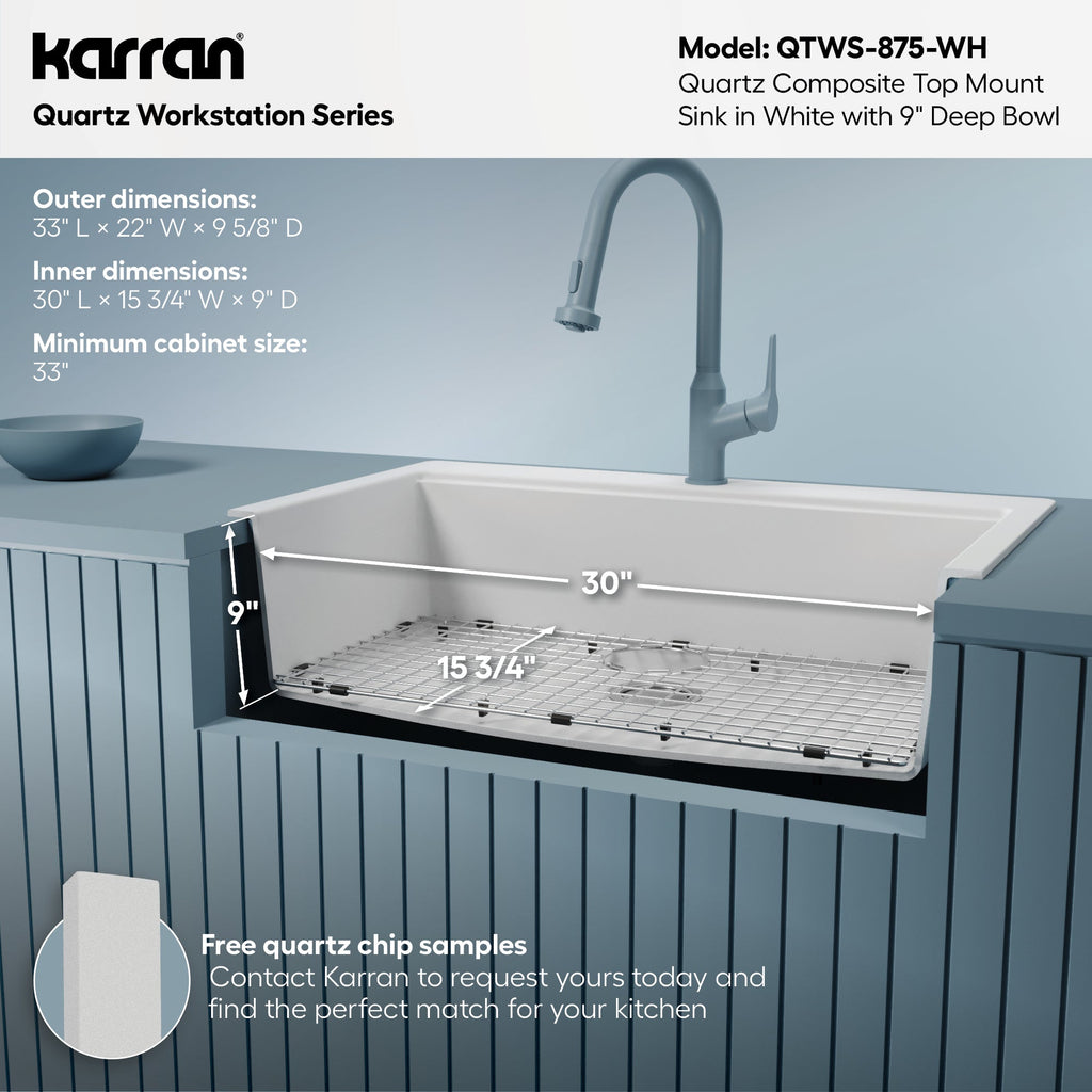 33" Top Mount Large Single Bowl Quartz Composite Workstation Kitchen Sink In White