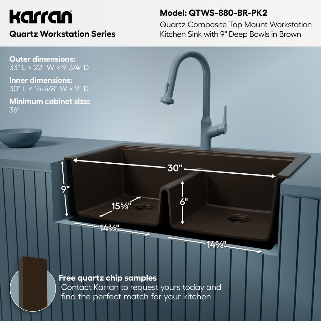 33" Top Mount Double Bowl Quartz Kitchen Sink Kit In Brown