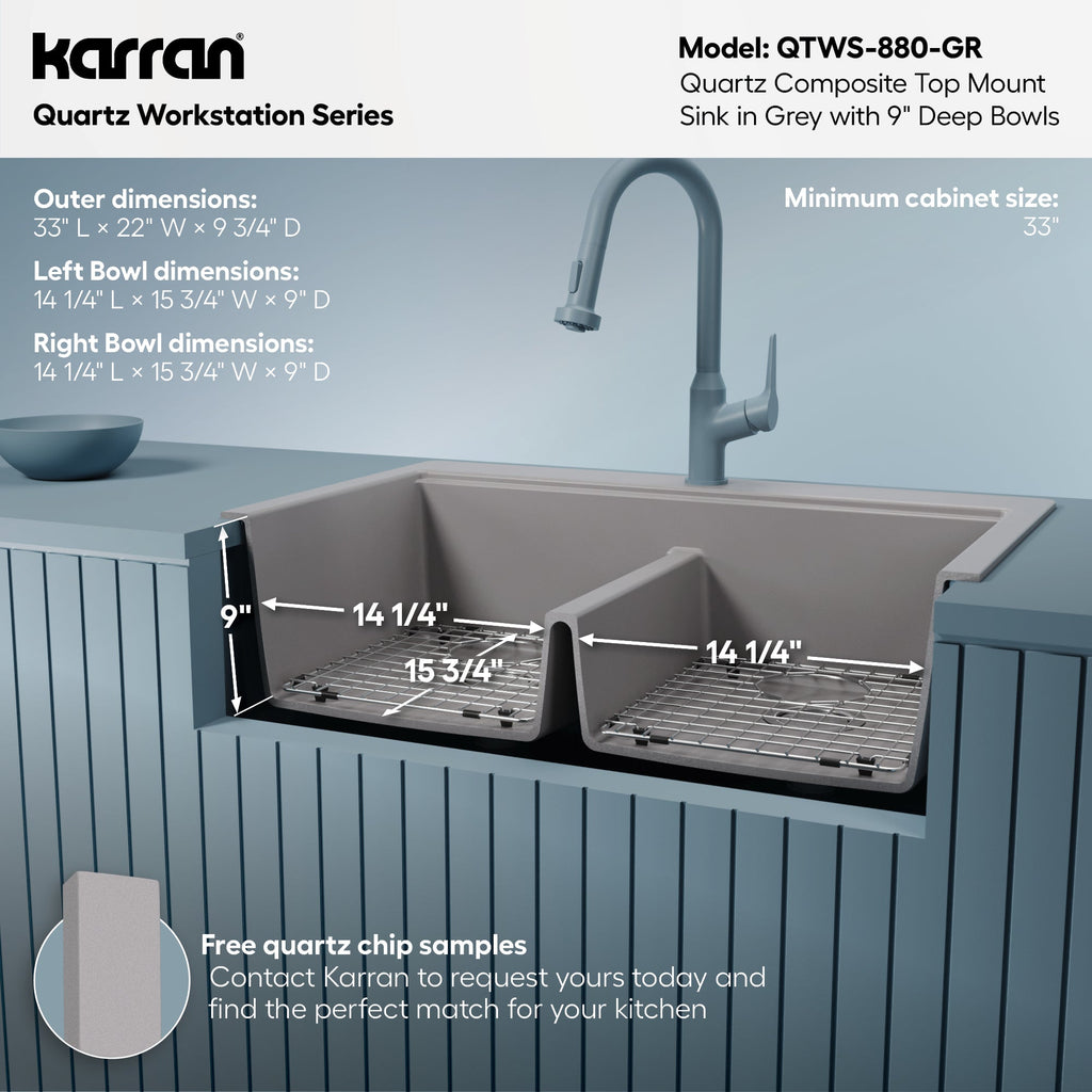 33" Top Mount Double Equal Bowl Quartz Composite Workstation Kitchen Sink In Grey