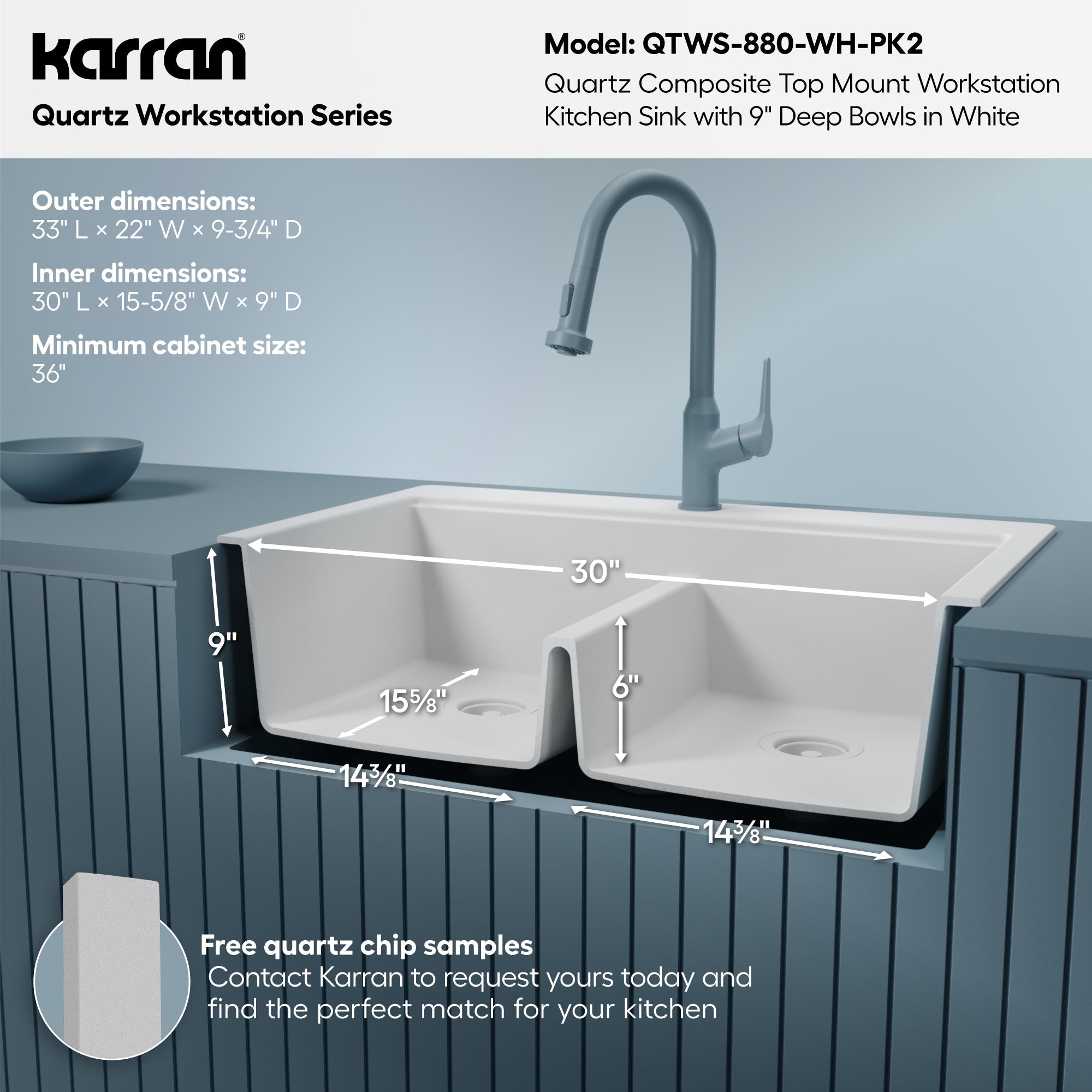 33" Top Mount Double Bowl Quartz Kitchen Sink Kit In White