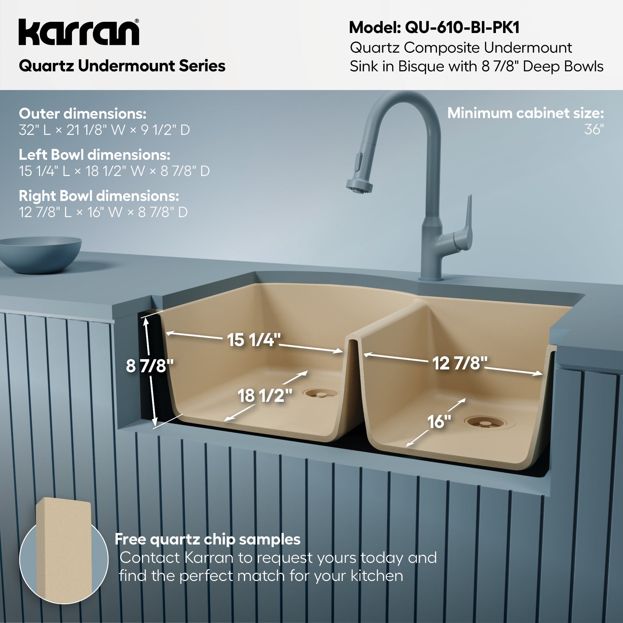 32-1/4" Undermount Double Offset Bowl Quartz Composite Kitchen Sink Kit In Bisque