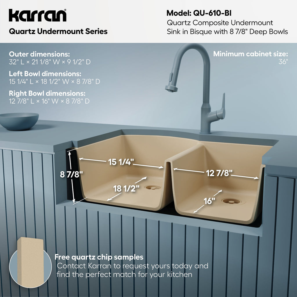 32-1/4" Undermount Double Offset Bowl Quartz Composite Kitchen Sink In Bisque