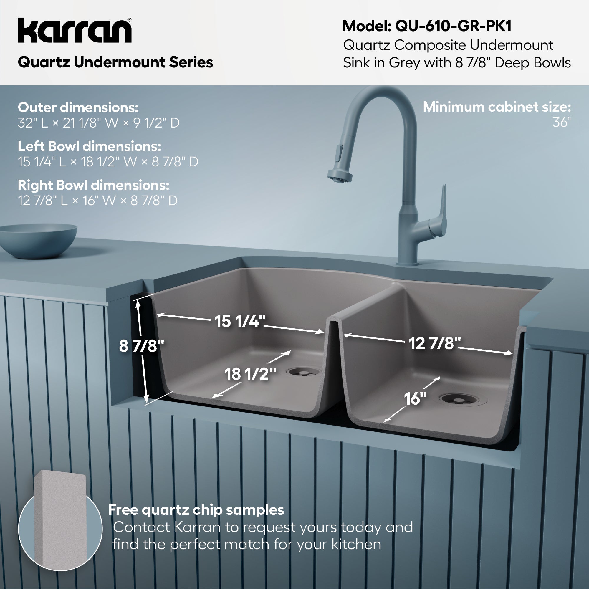 32-1/4" Undermount Double Offset Bowl Quartz Composite Kitchen Sink Kit In Grey