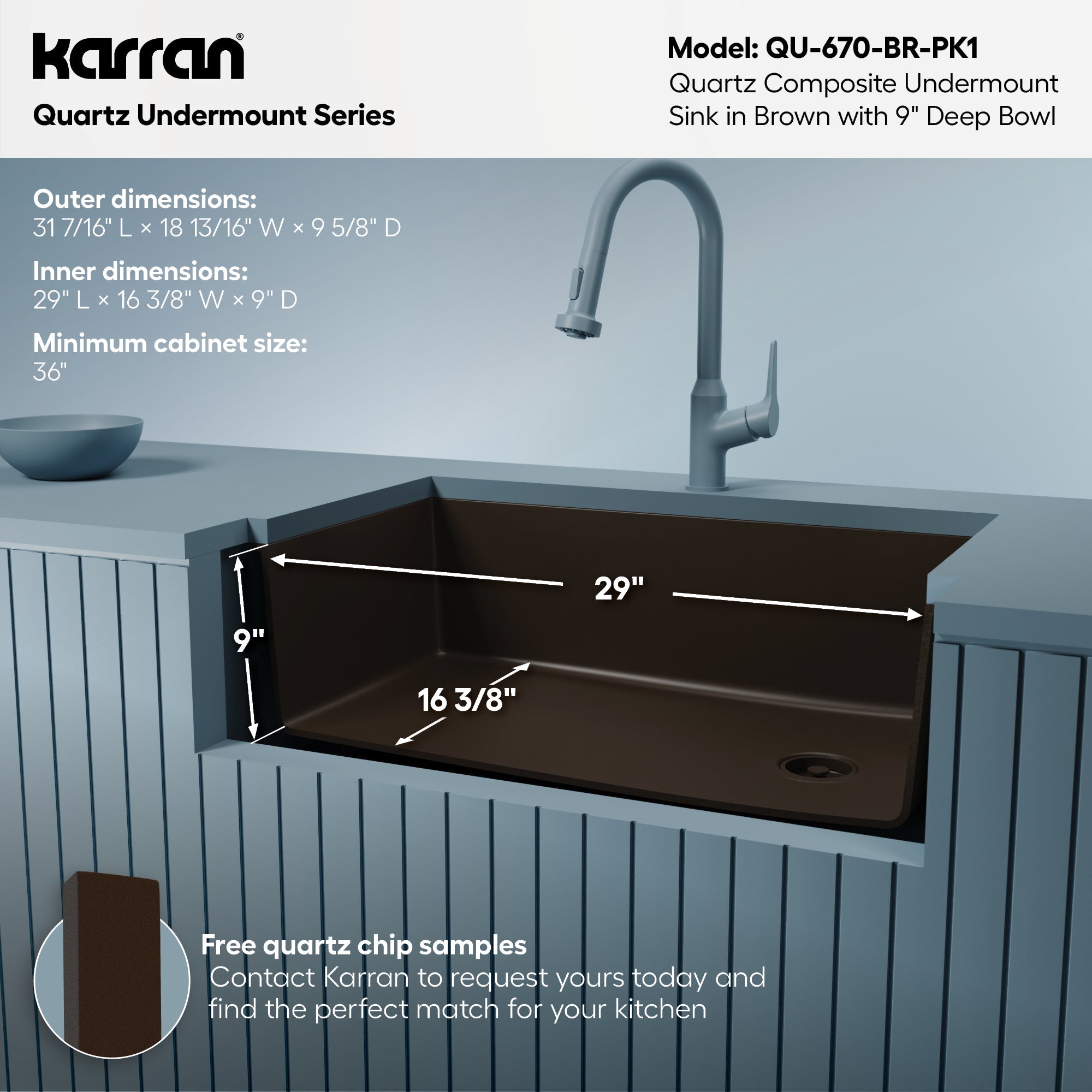31-5/8" Undermount Large Single Bowl Quartz Composite Kitchen Sink Kit In Brown