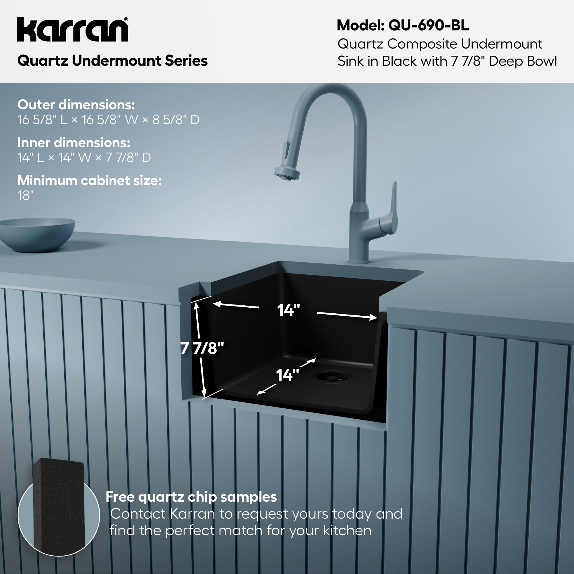 16-5/8" Undermount Quartz Composite Bar/Prep Sink In Black