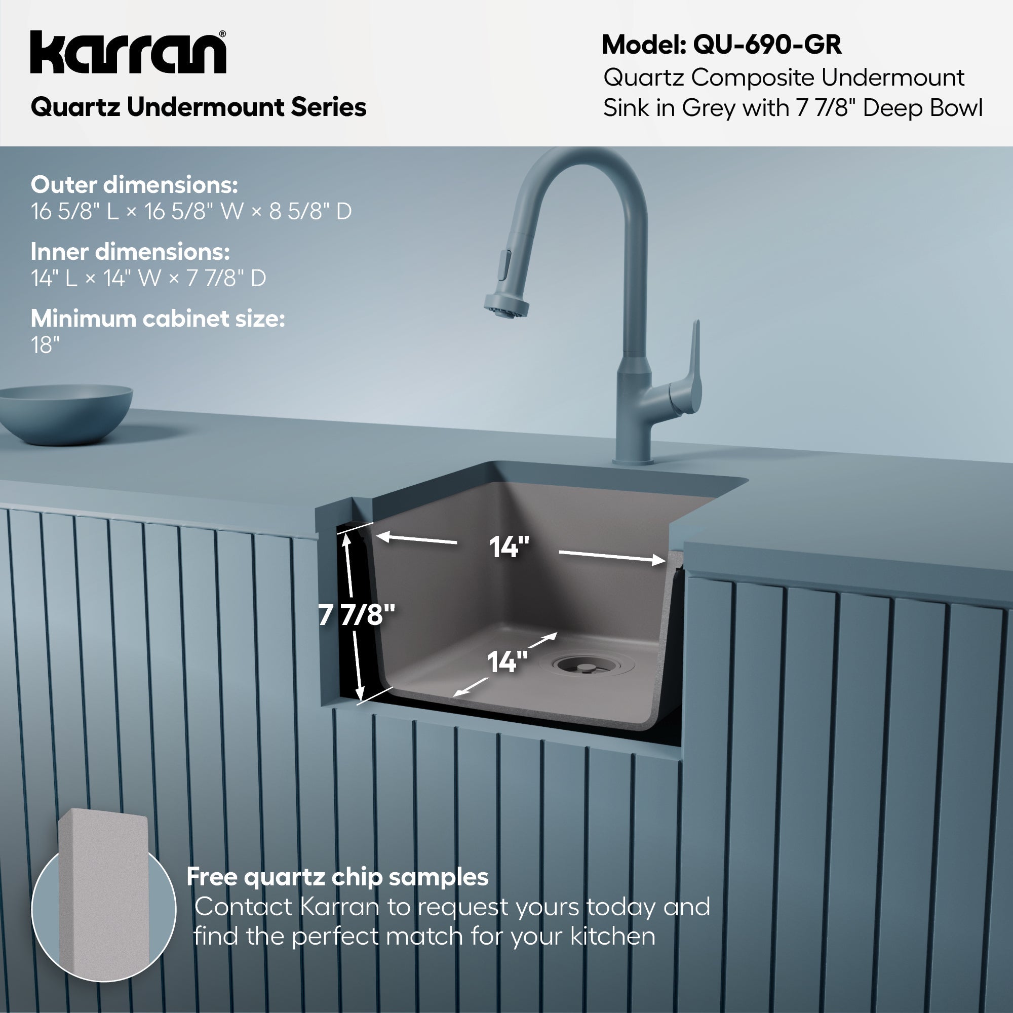 16-5/8" Undermount Quartz Composite Bar/Prep Sink In Grey