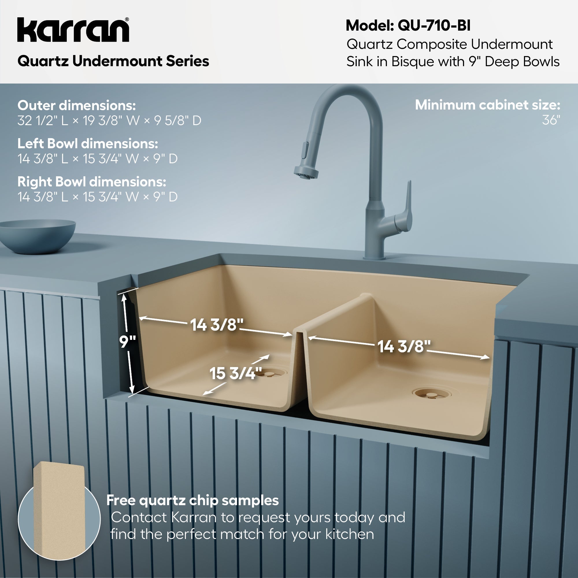 32-1/2" Undermount Double Equal Bowl Quartz Composite Kitchen Sink In Bisque