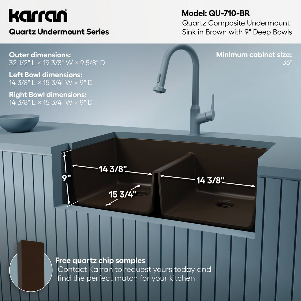 32-1/2" Undermount Double Equal Bowl Quartz Composite Kitchen Sink In Brown