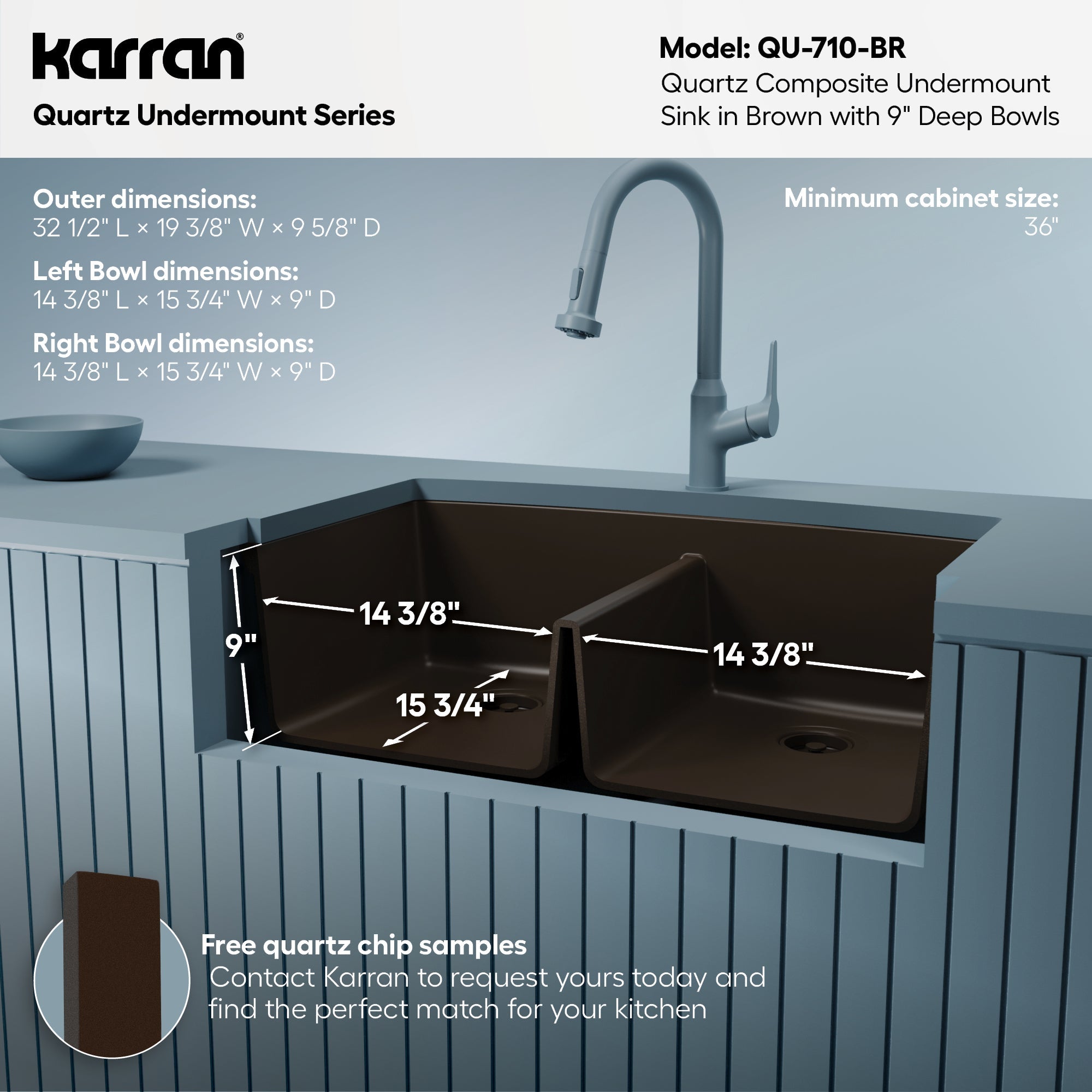 32-1/2" Undermount Double Equal Bowl Quartz Composite Kitchen Sink In Brown