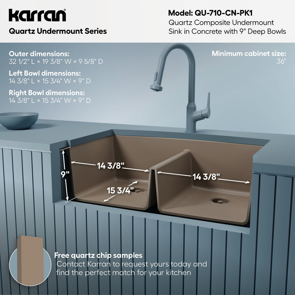 32-1/2" Undermount Double Equal Bowl Quartz Composite Kitchen Sink Kit In Concrete