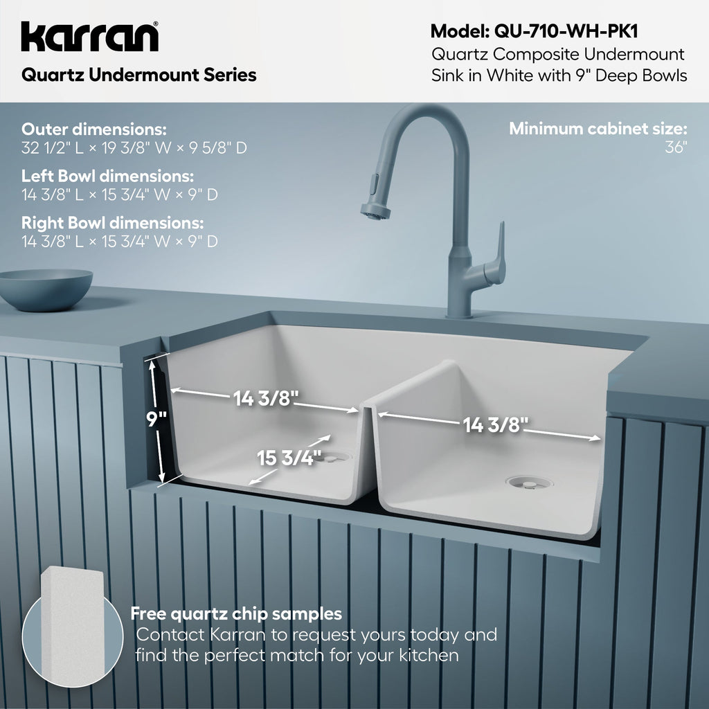 32-1/2" Undermount Double Equal Bowl Quartz Composite Kitchen Sink Kit In White