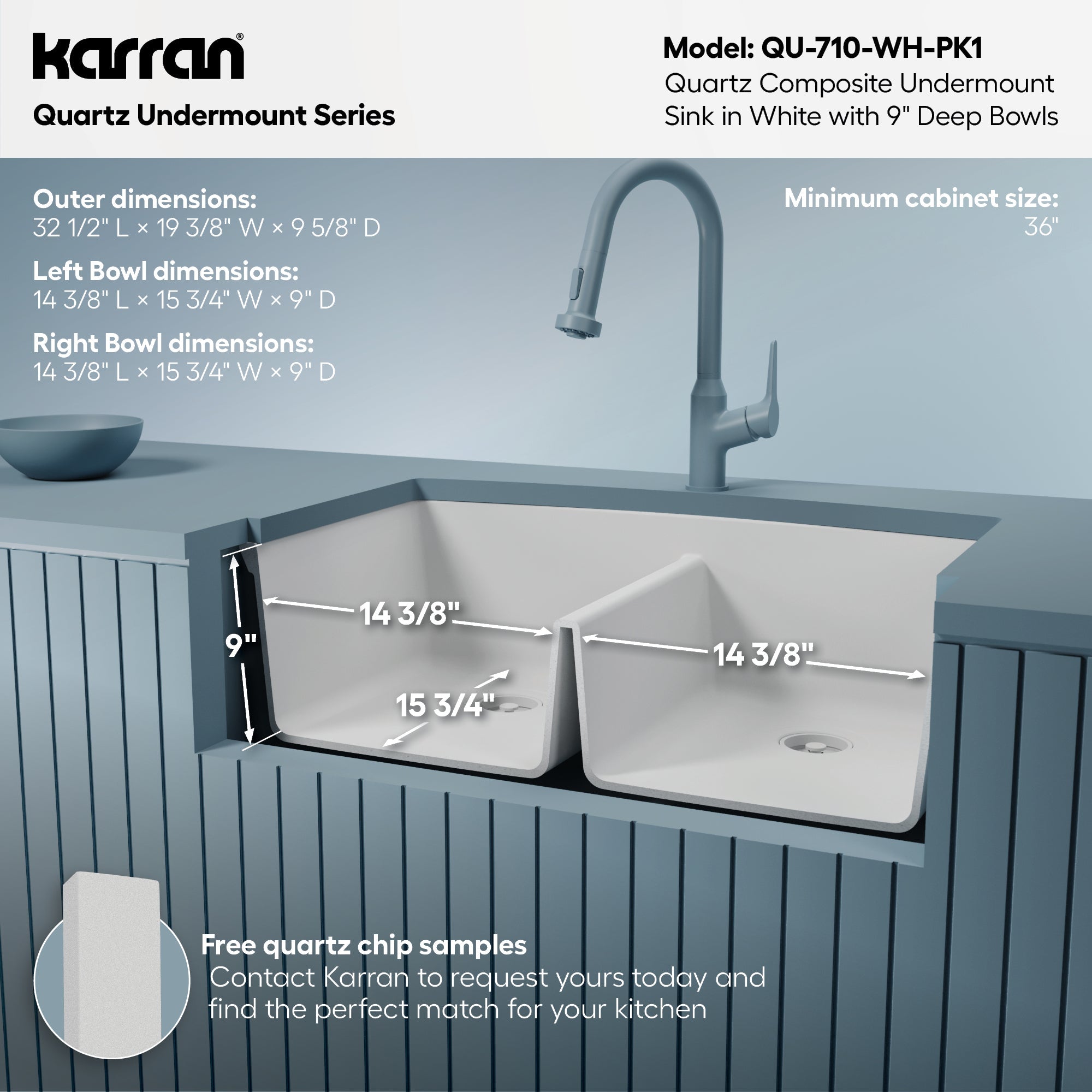 32-1/2" Undermount Double Equal Bowl Quartz Composite Kitchen Sink Kit In White