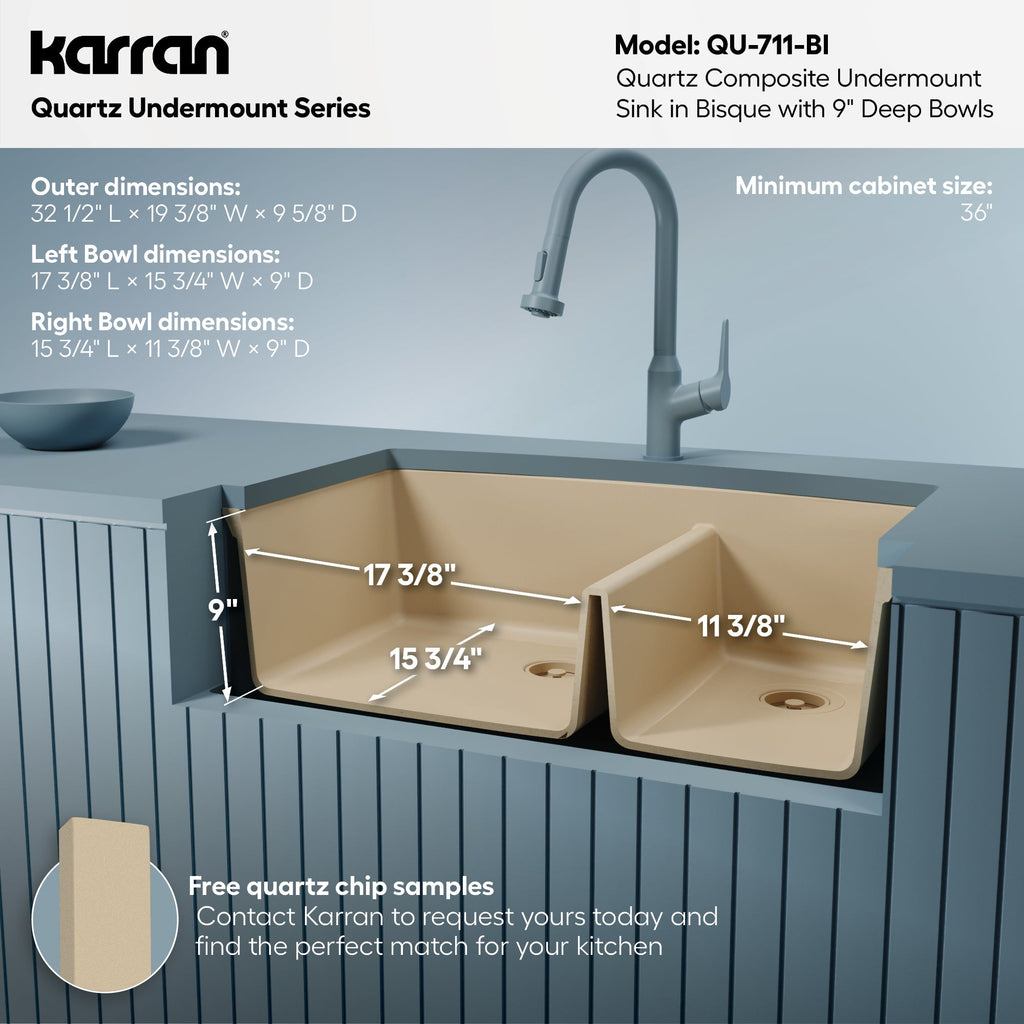 32-1/2" Undermount Double Offset Bowl Quartz Composite Kitchen Sink In Bisque