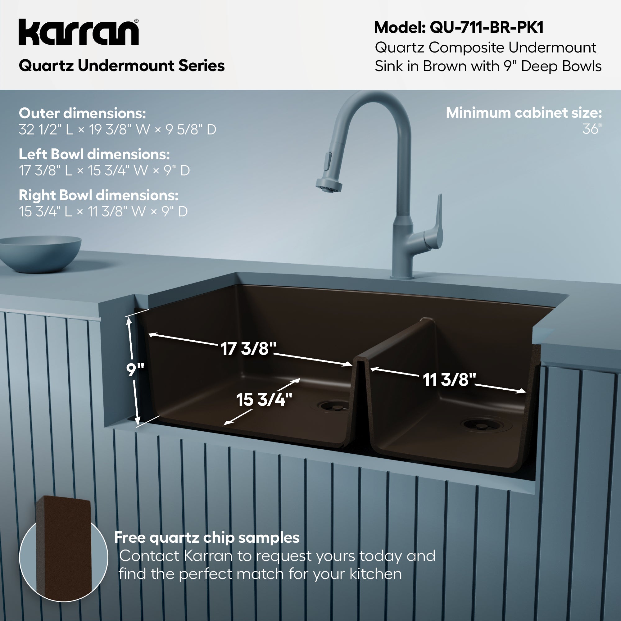 32-1/2" Undermount Double Offset Bowl Quartz Composite Kitchen Sink Kit In Brown
