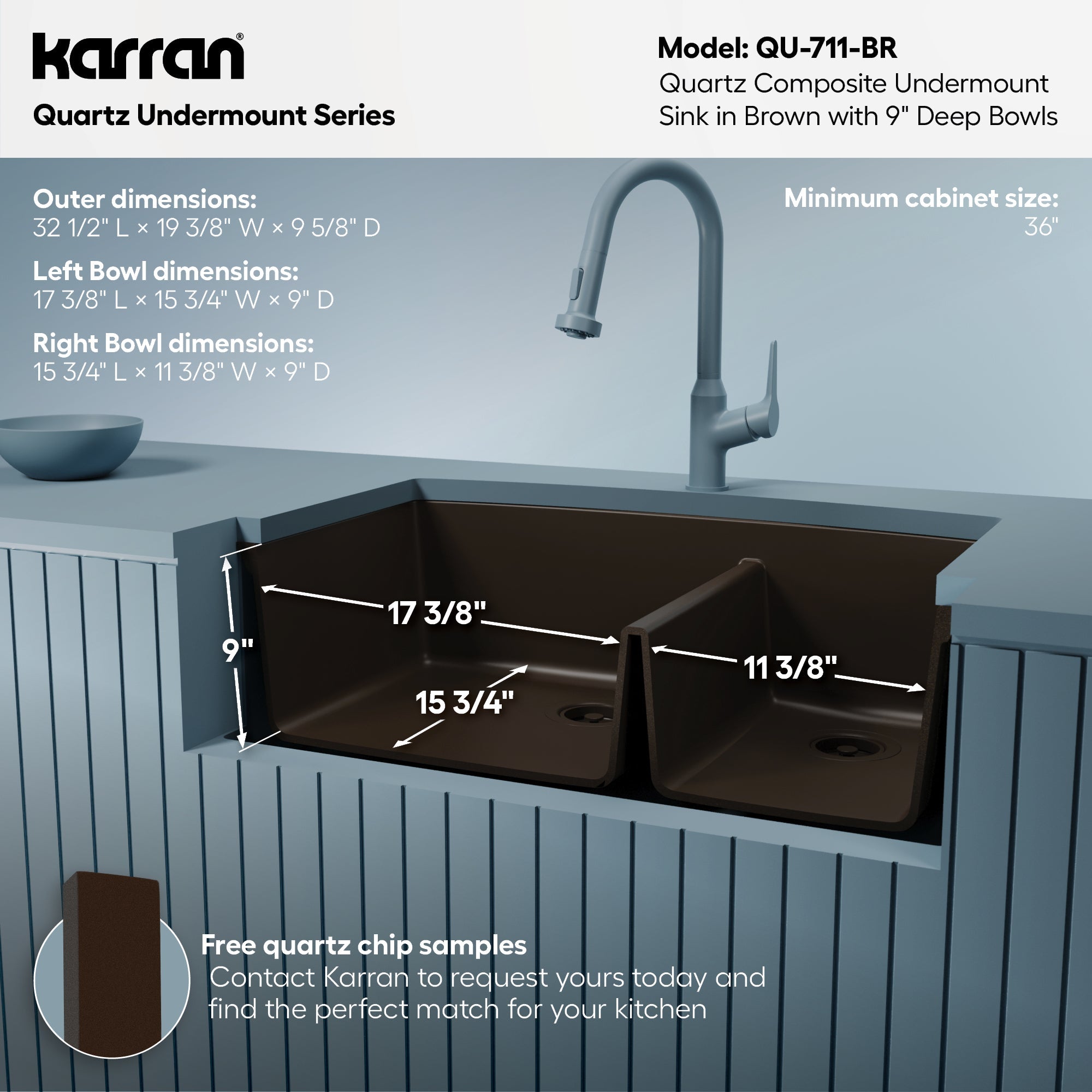 32-1/2" Undermount Double Offset Bowl Quartz Composite Kitchen Sink In Brown