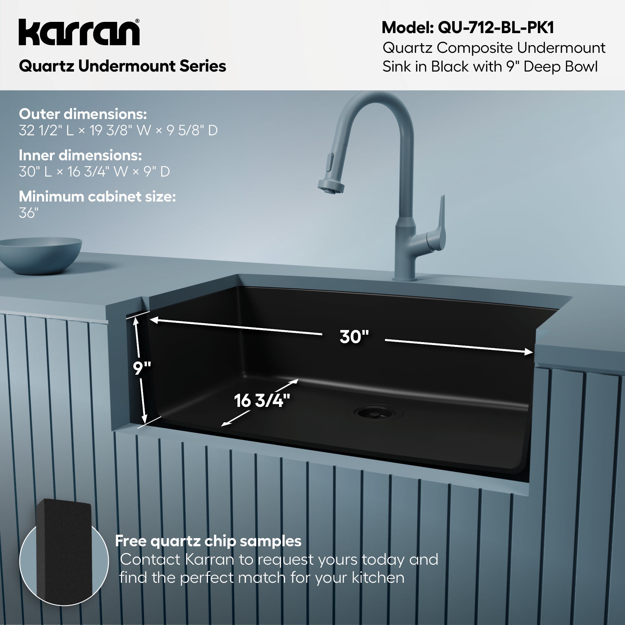 32-1/2" Undermount Large Single Bowl Quartz Composite Kitchen Sink Kit In Black