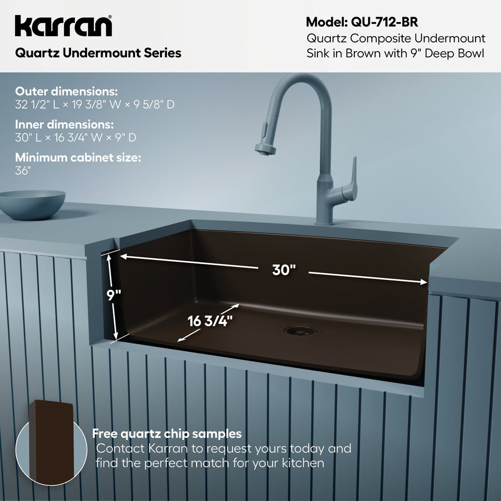 32-1/2" Undermount Large Single Bowl Quartz Composite Kitchen Sink In Brown