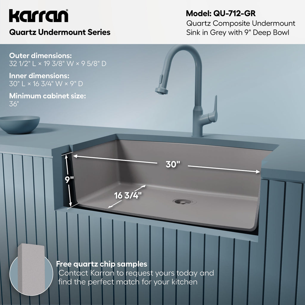 32-1/2" Undermount Large Single Bowl Quartz Composite Kitchen Sink In Grey