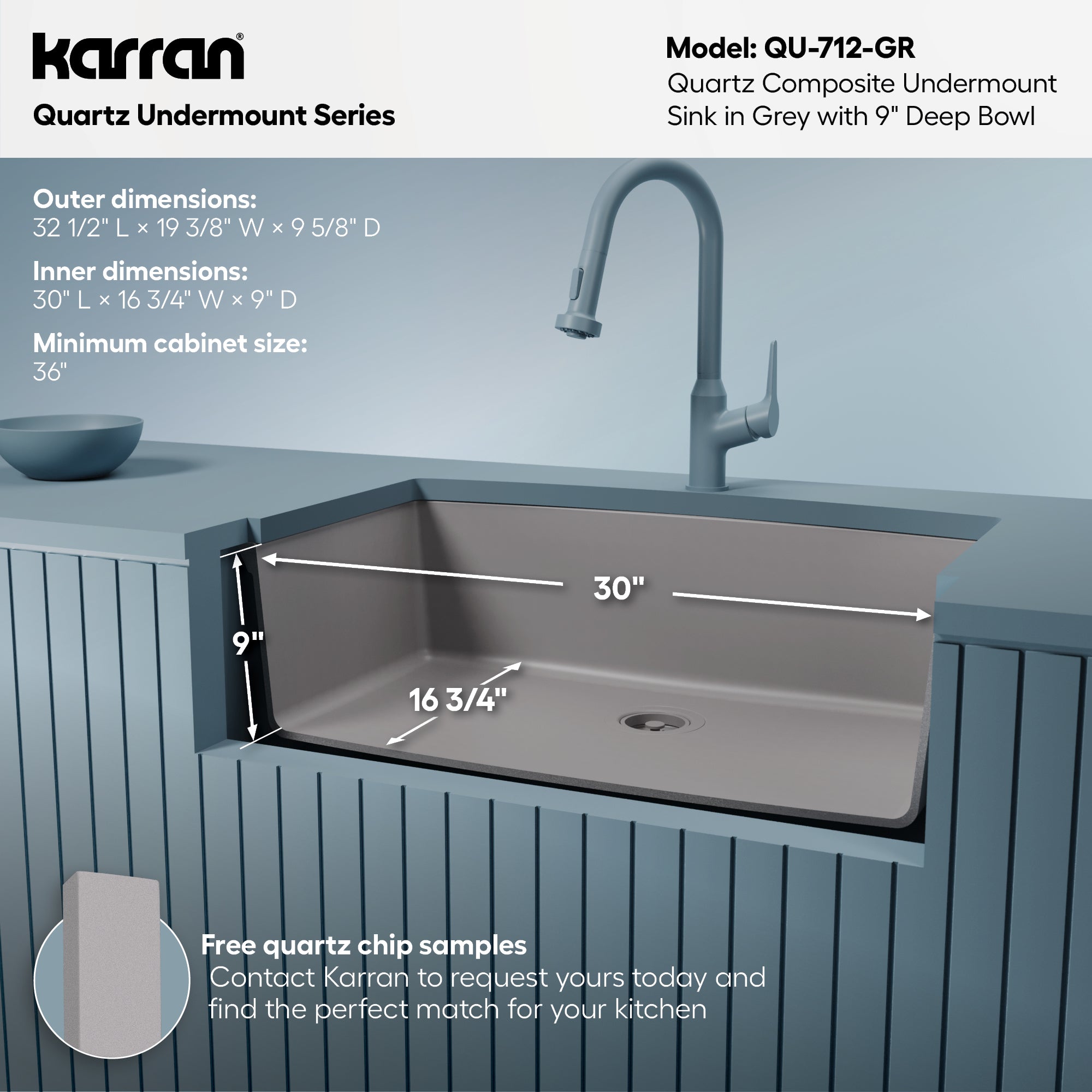 32-1/2" Undermount Large Single Bowl Quartz Composite Kitchen Sink In Grey