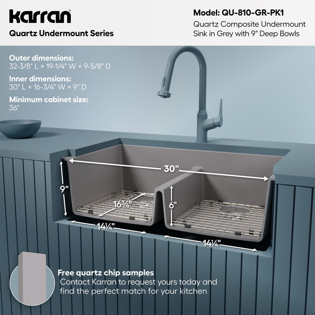 32-3/8" Undermount Double Equal Bowl Quartz Composite Kitchen Sink Kit In Grey