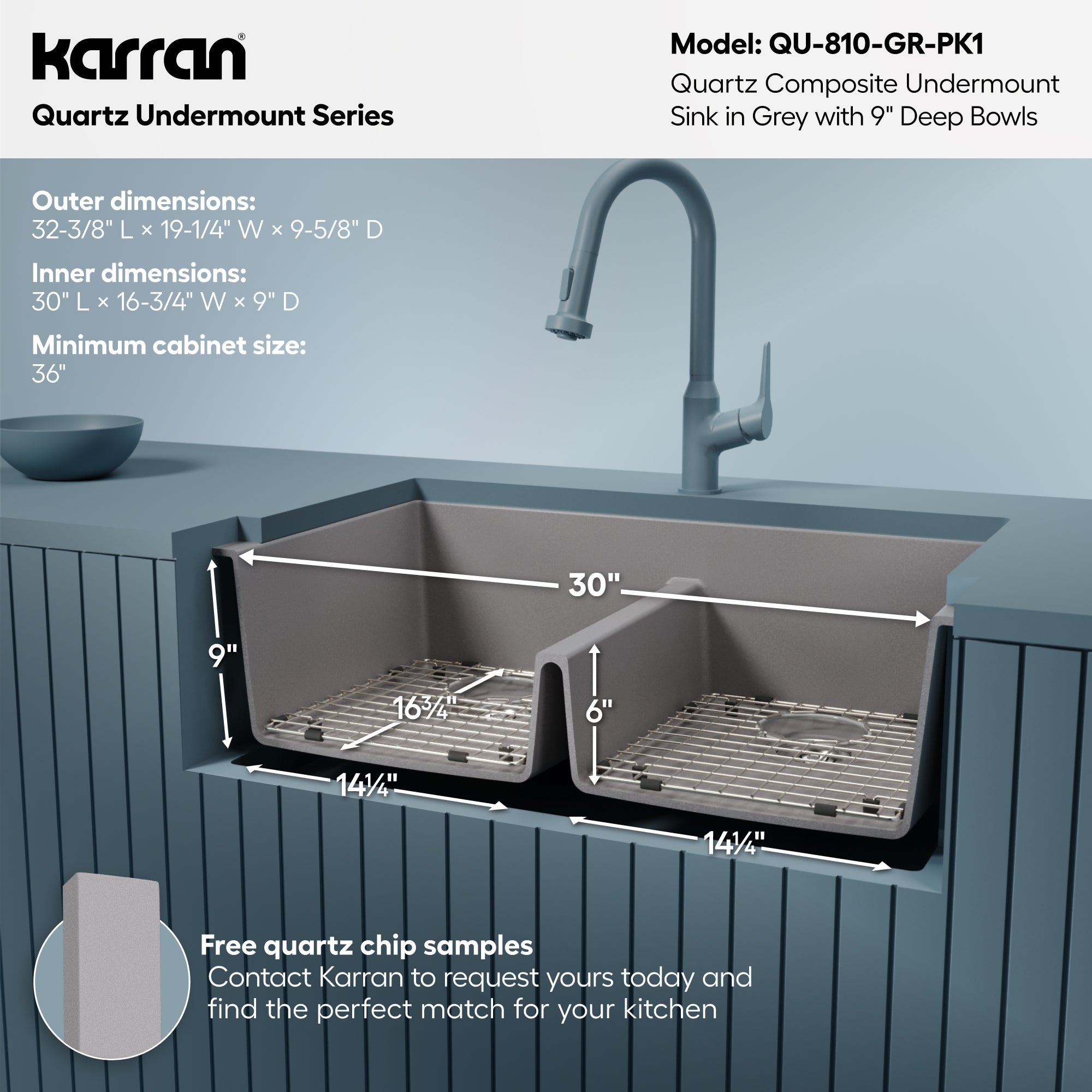 32-3/8" Undermount Double Equal Bowl Quartz Composite Kitchen Sink Kit In Grey