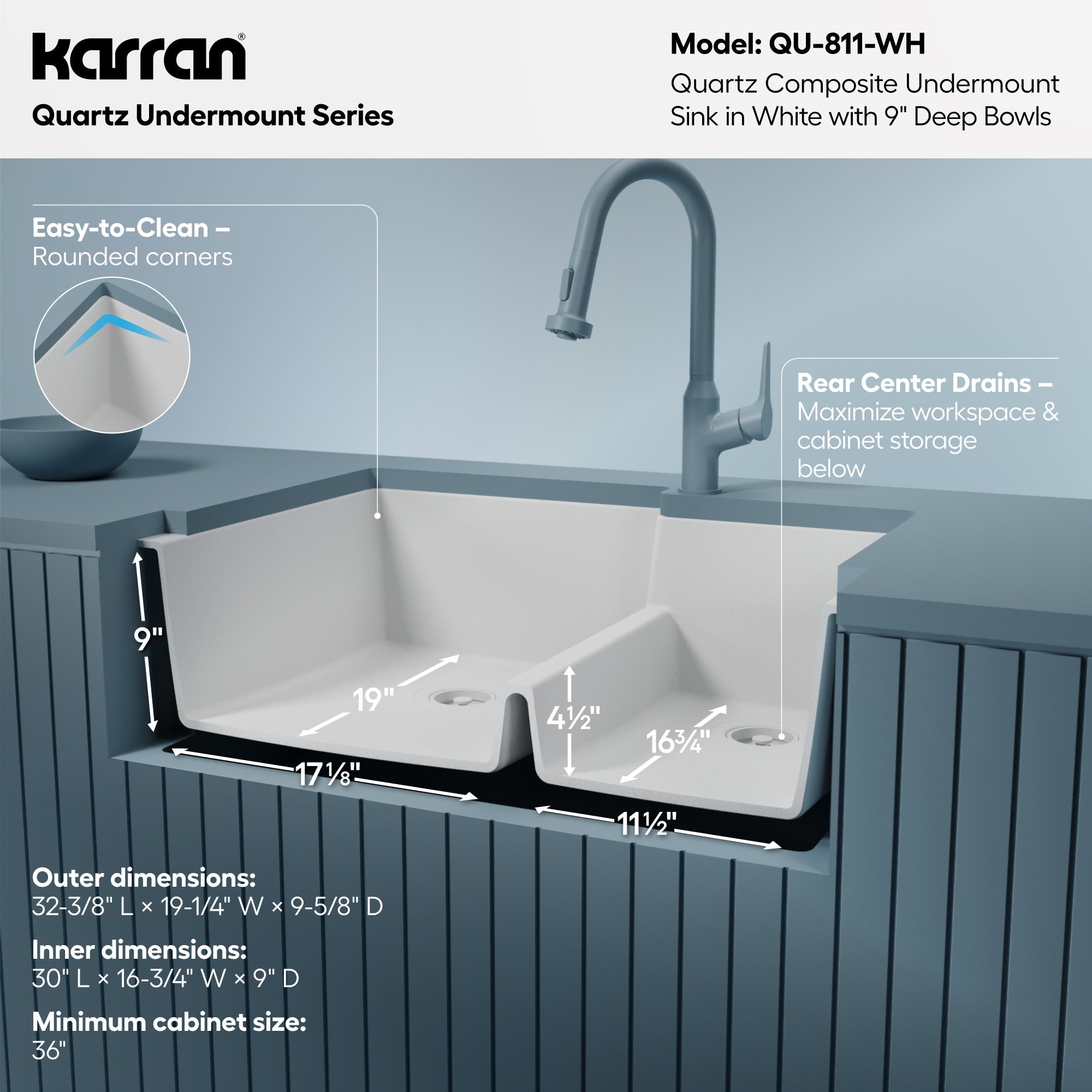 32-1/4" Undermount Double Offset Bowl Quartz Composite Kitchen Sink In White